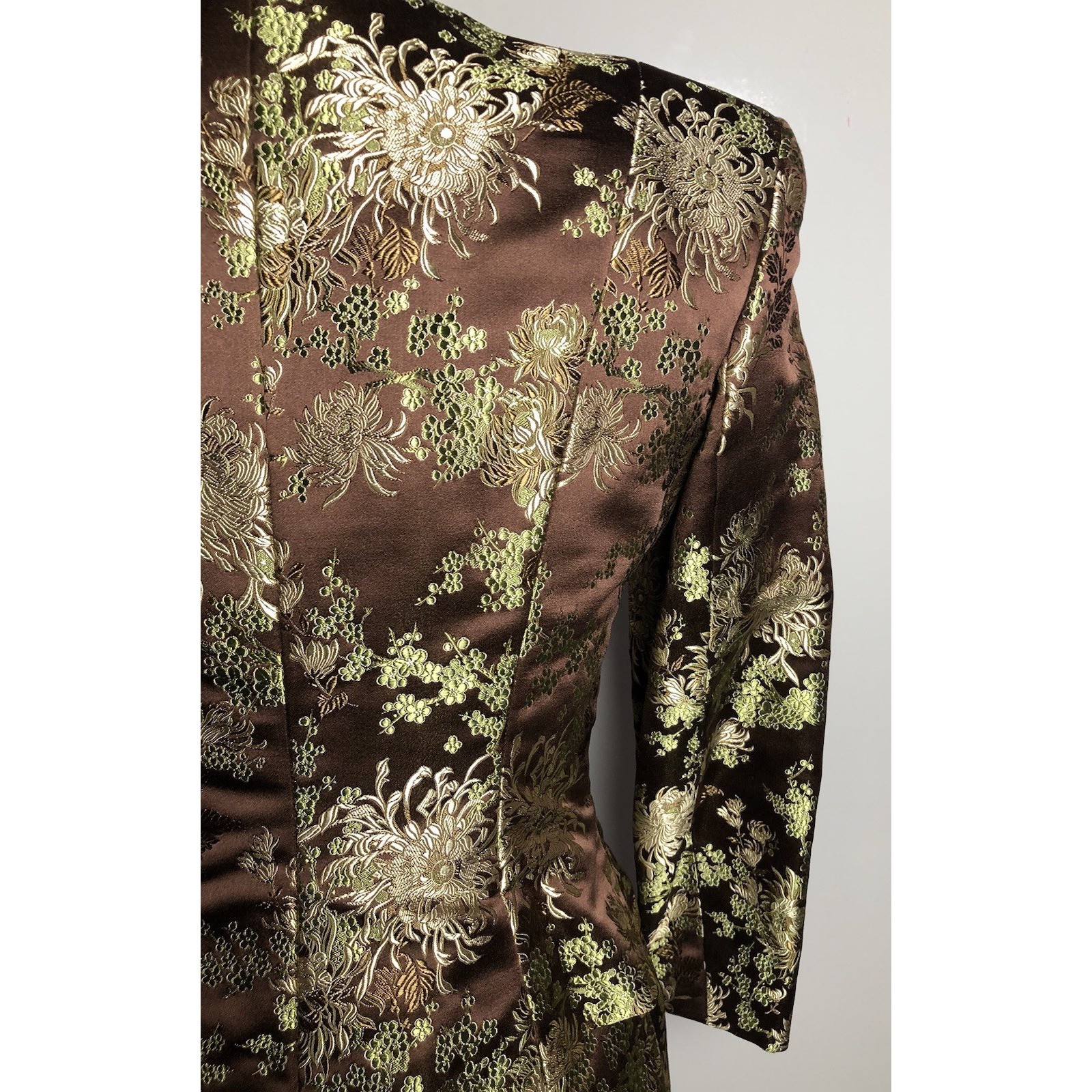 Vtg 70s 80s Brown Brocade Skirt Suit Metallic Floral XS S 2–4 Jacket Skirt Set