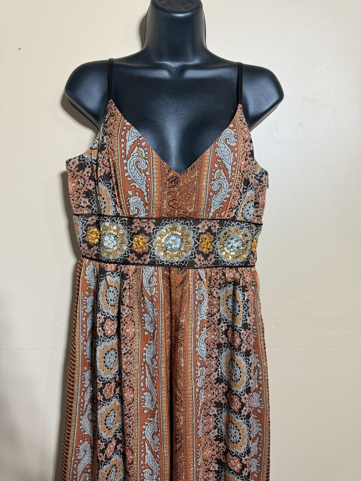 VTG Spenser Jeremy Beaded Metallic 98% Silk Sun Dress Empire Waist Brown Sz 10
