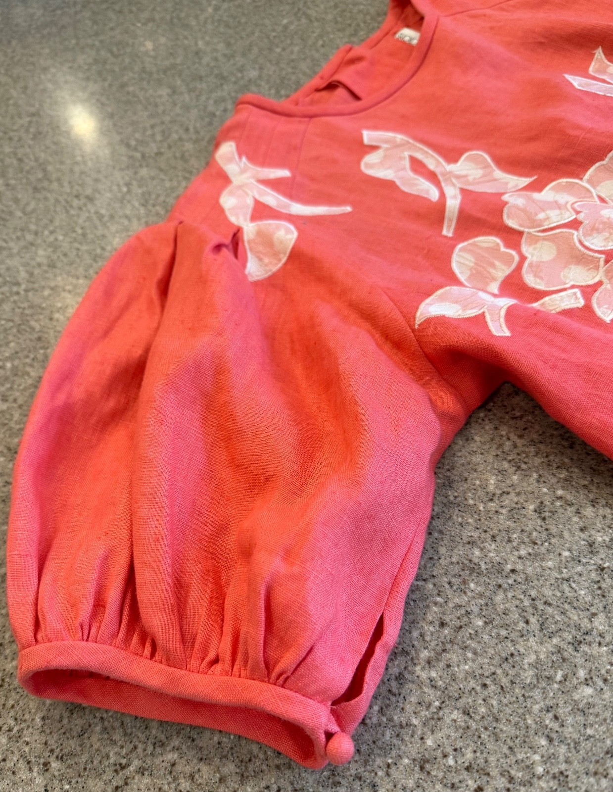 Vtg ANNE CRIMMINS UMI Collections Coral Linen Applique Puff Sleeve Top Sz 4