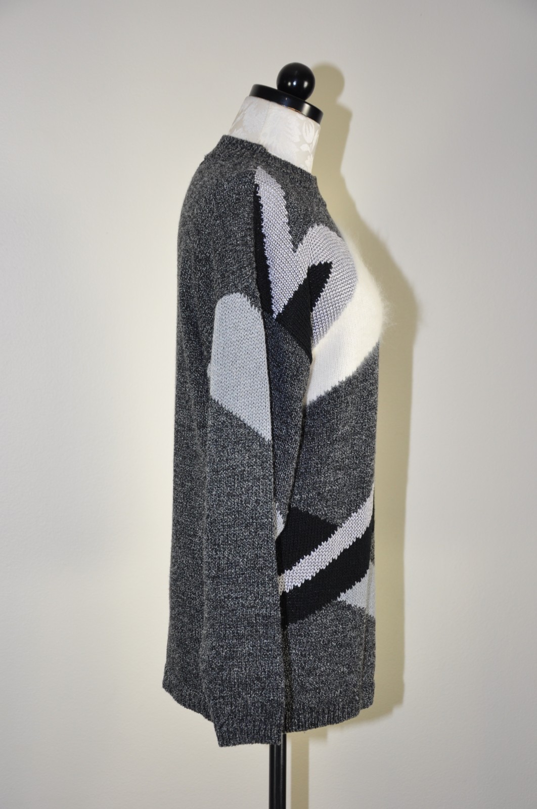 90s Vintage Gray Angora Rayon Colorblock Crewneck Boyfriend Sweater Women M L