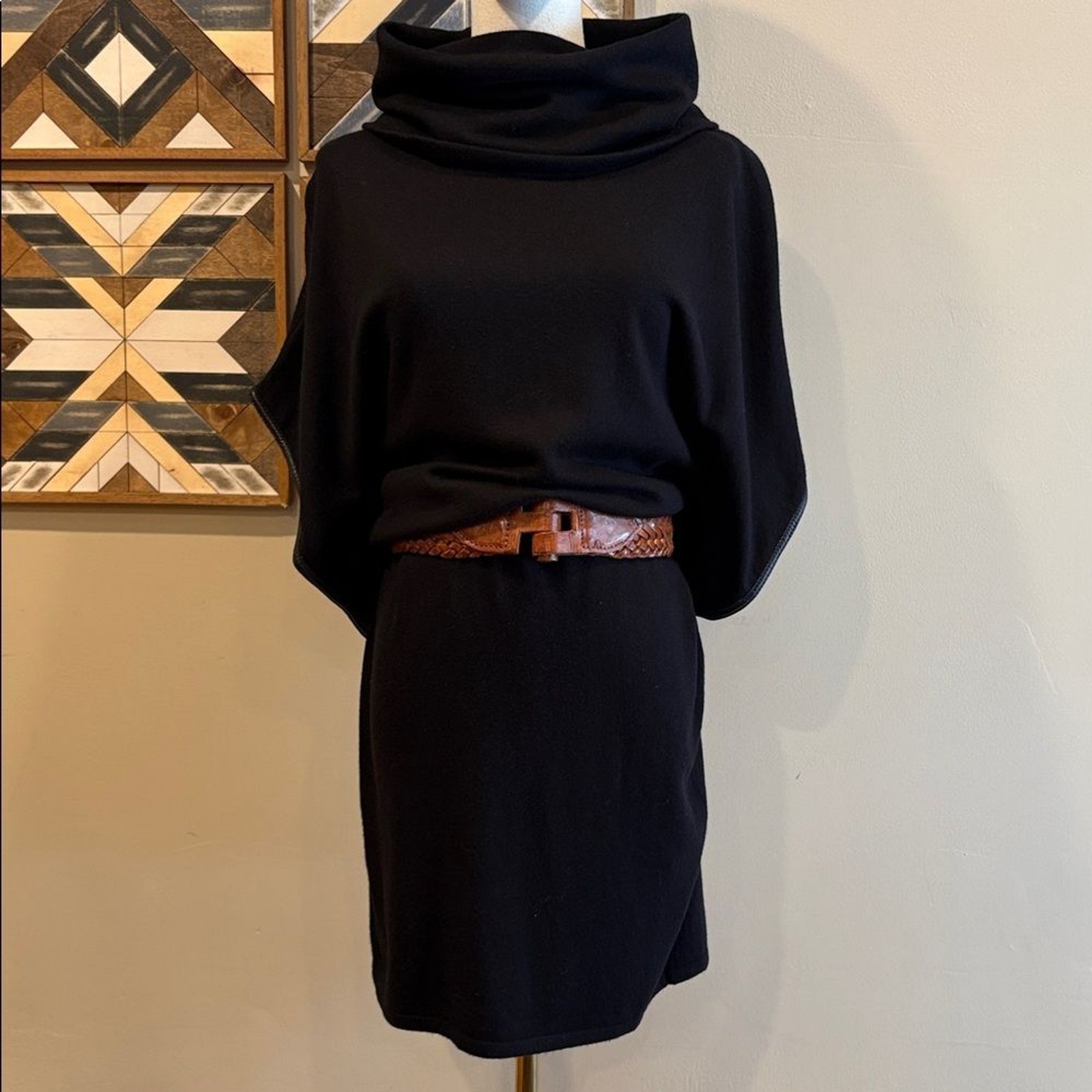 Vintage Ralph Lauren Black Cape Sleeve Cowl Neck Slouchy Sweater Dress sz Small