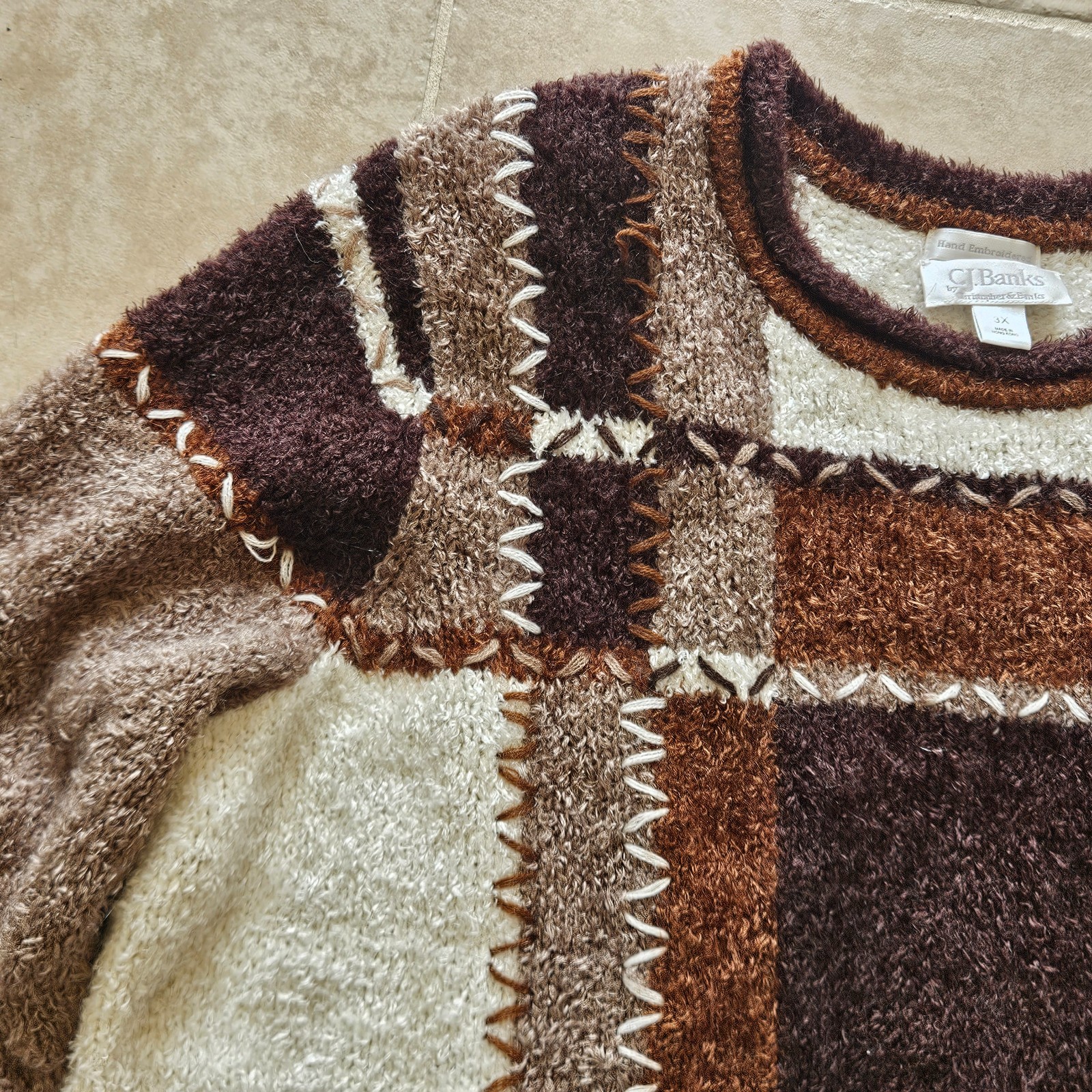 Vintage CJ Banks Sweater Womens 3X Brown White Tan Mohair Blend Fuzzy Pullover