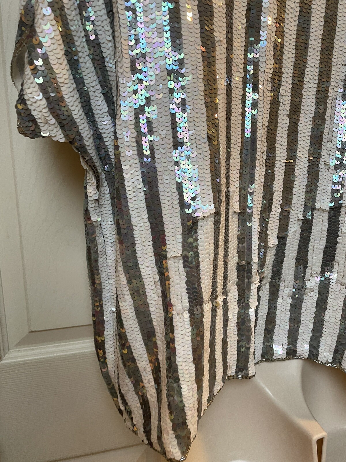 Vintage Sequin Jacket Shrug Silver White Blue Striped And Diamonds Deco Style
