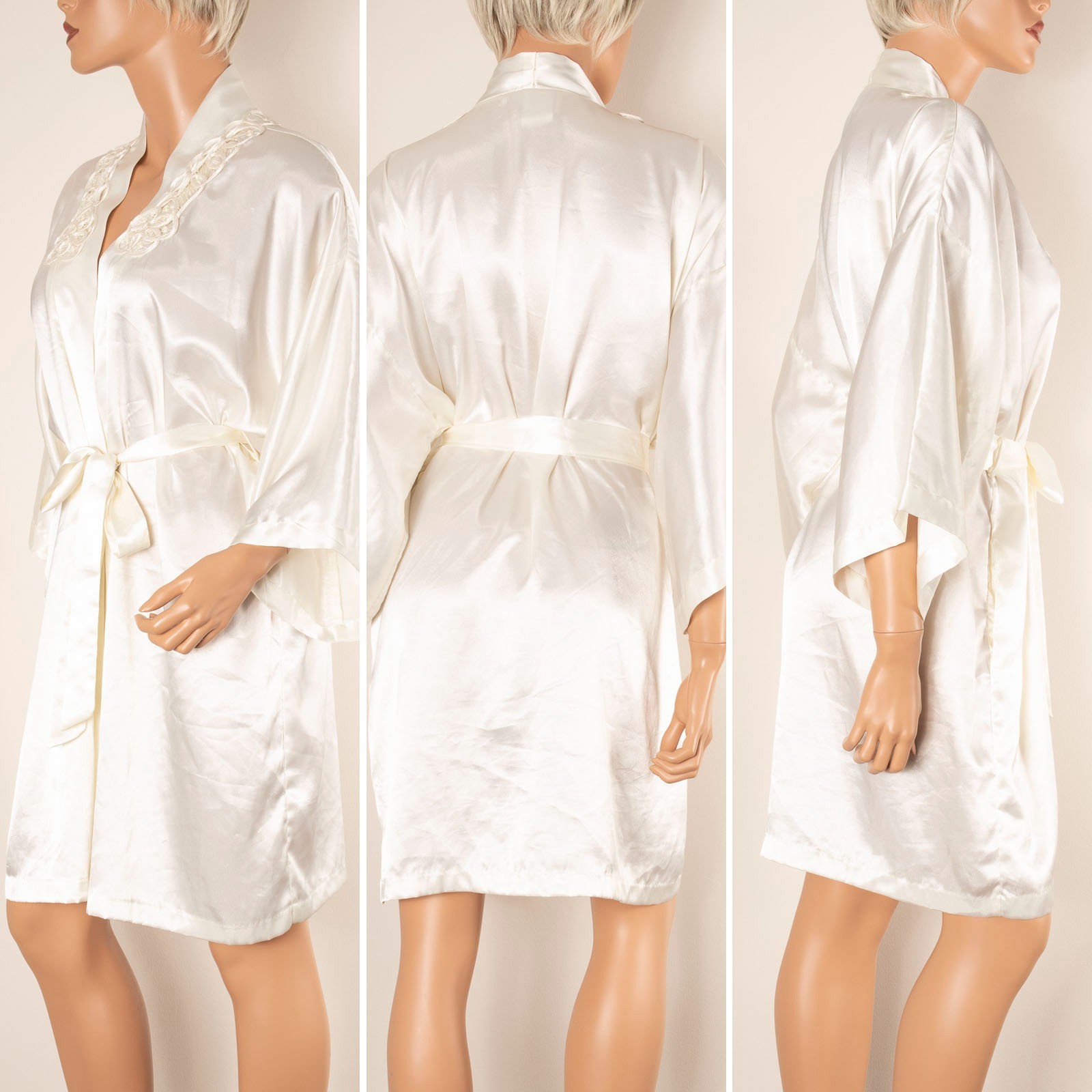 Vtg CALIFORNIA DYNASTY Cream Robe Kimono Satin Bridal Embellished Nightgown L