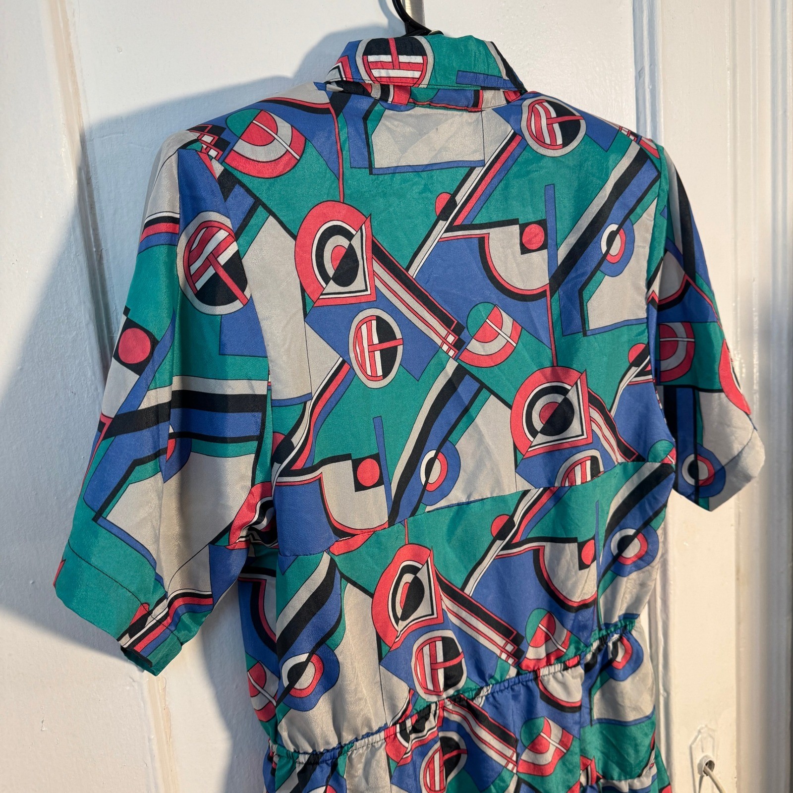 Memphis Vtg 80s Dress Geometric Allyson Holley Abstract Teal Blue L Maximalist