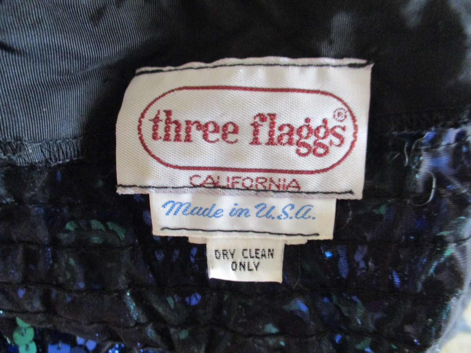 Vintage Three Flaggs Sequin Top M Women Green Blue Black Dolman Sleeve