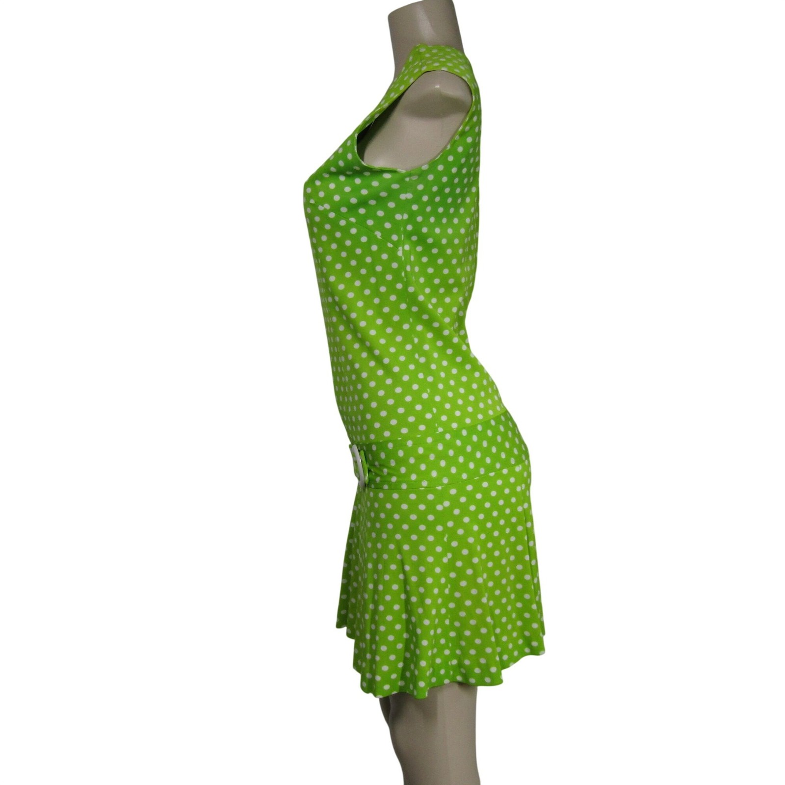 VTG 60s 70s MOD Polka Dot Retro Groovy Drop Waist LIme Green Gidget Dress S