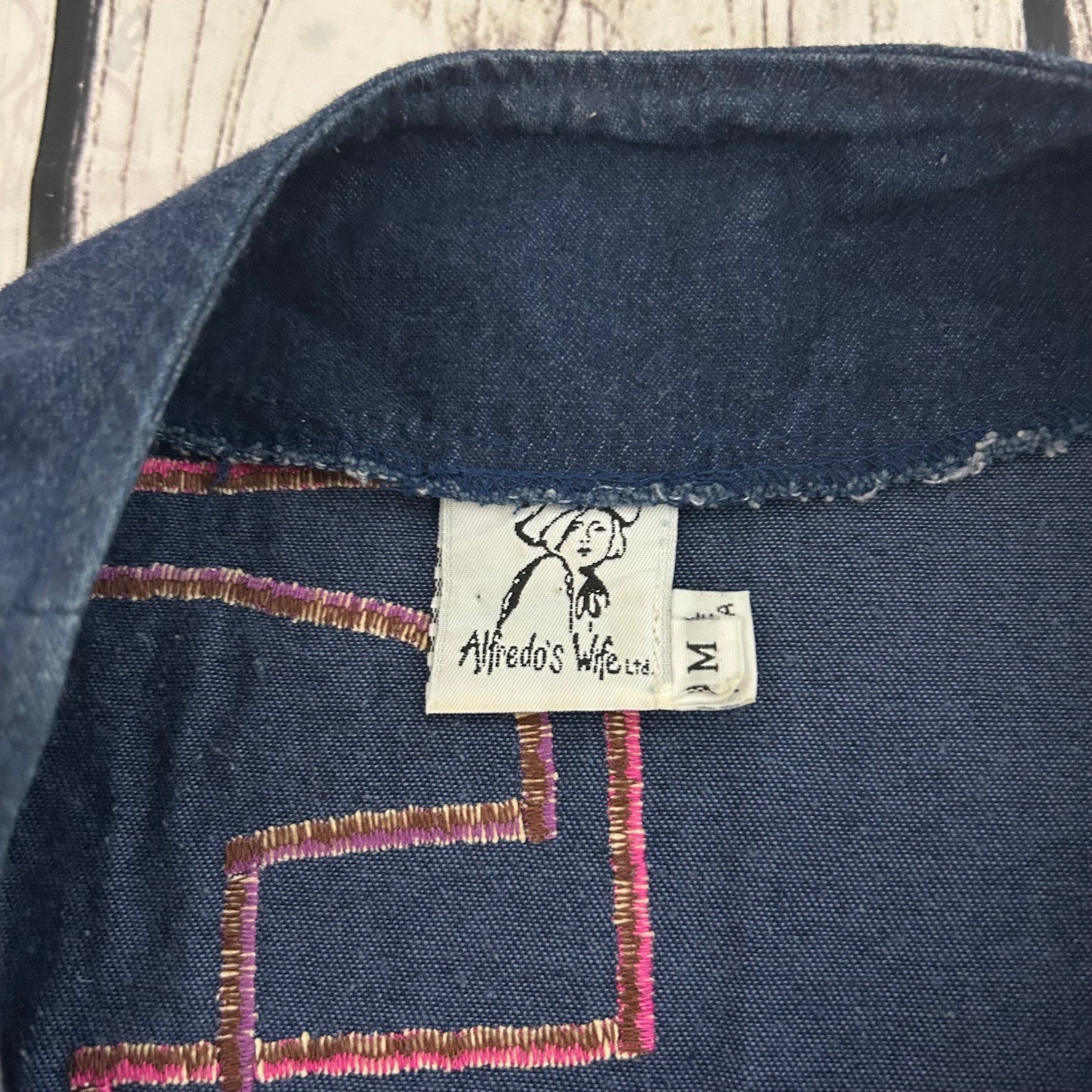 VTG Alfredo’s Wife Indigo Denim Applique Sun Deity Kachina Dress Pockets Blue