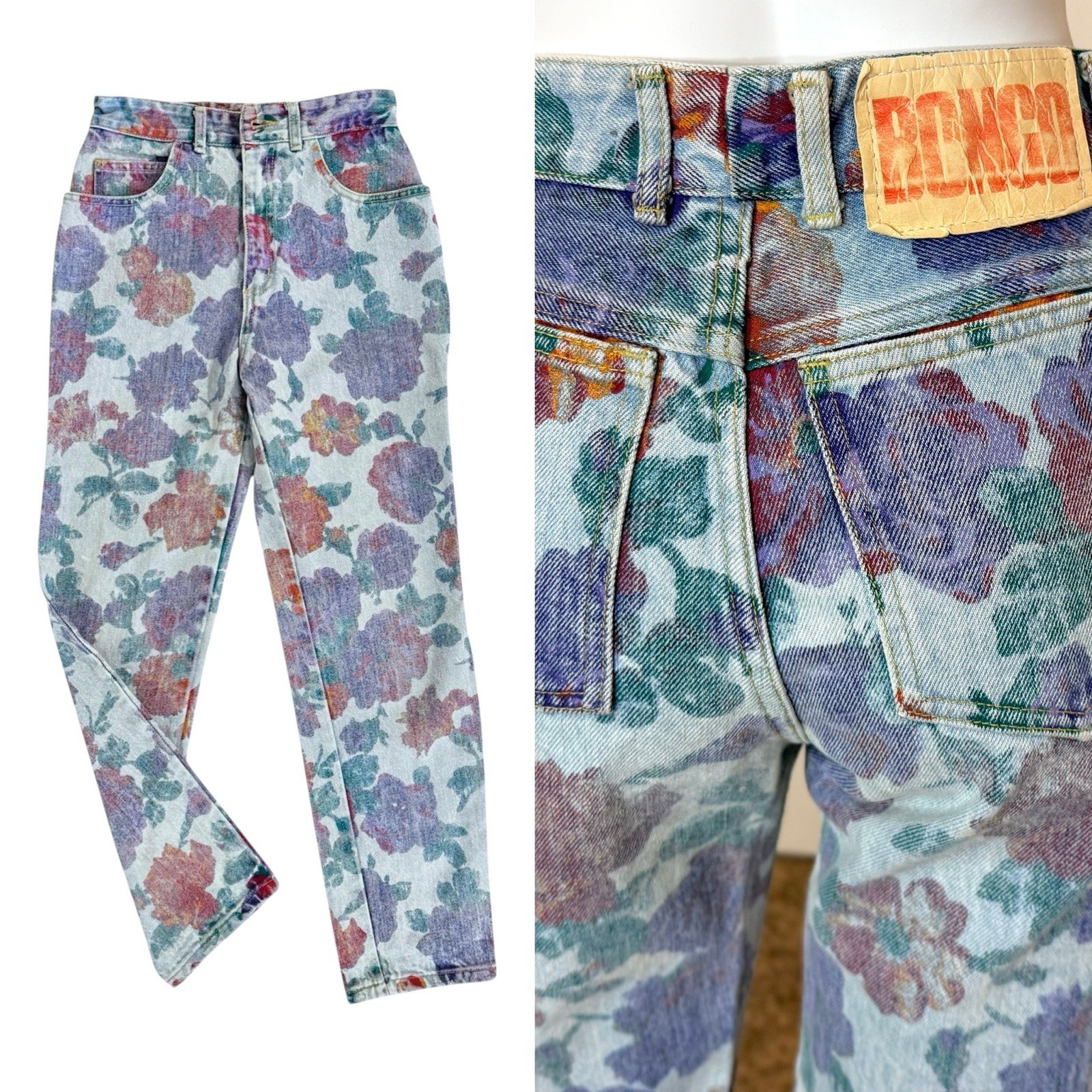 RARE Vintage 80’s BONGO FLORAL SKINNY JEANS 27 USA Boho Y2K Denim High Waisted