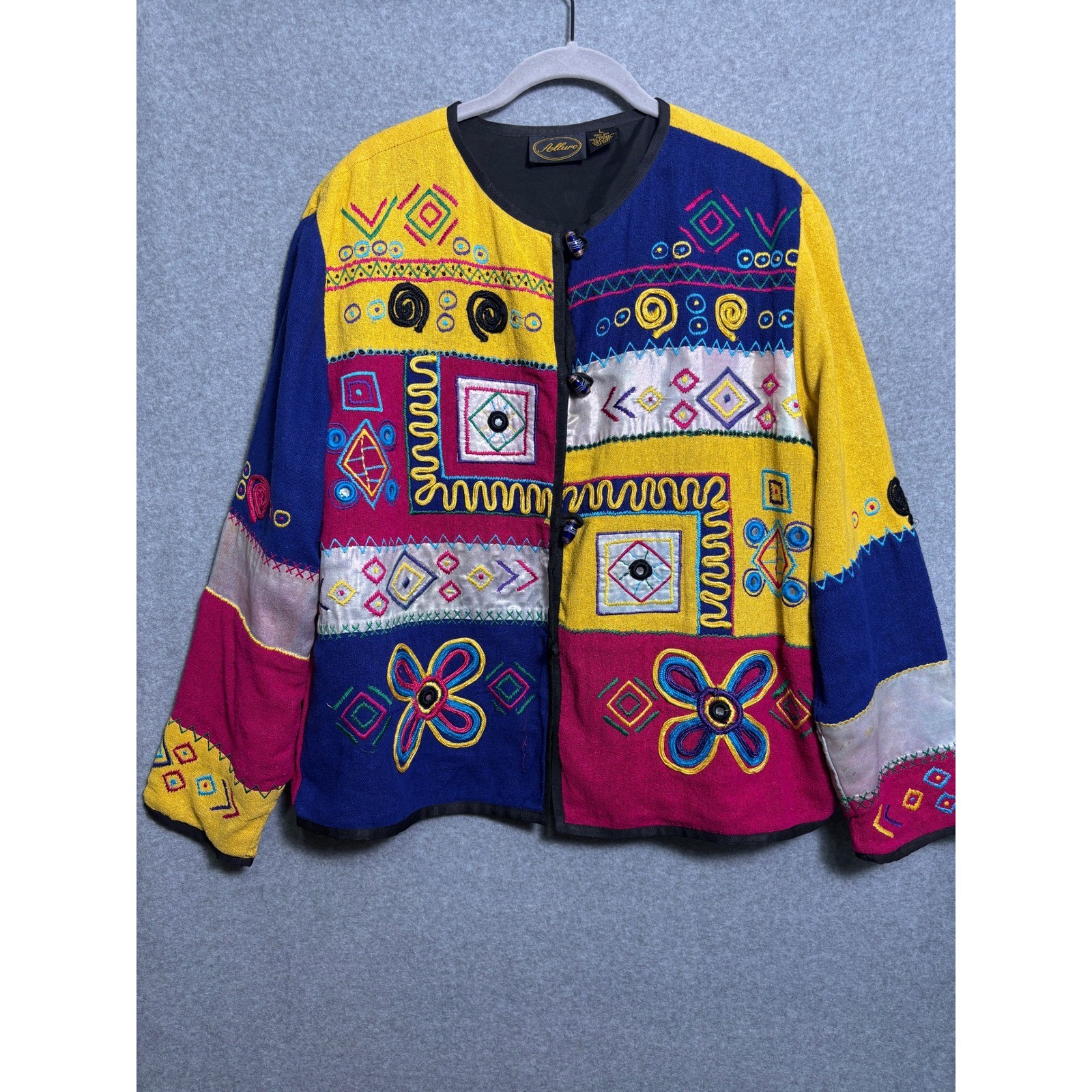 Allure Vintage Art To Wear Embroidered Jacket Colorful Boho Size L 100% Silk