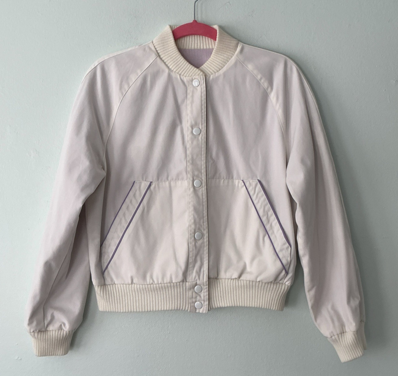 Vintage 80s–90s IZZI Reversible Bomber Jacket Lavender Pinstripe & White Varsity