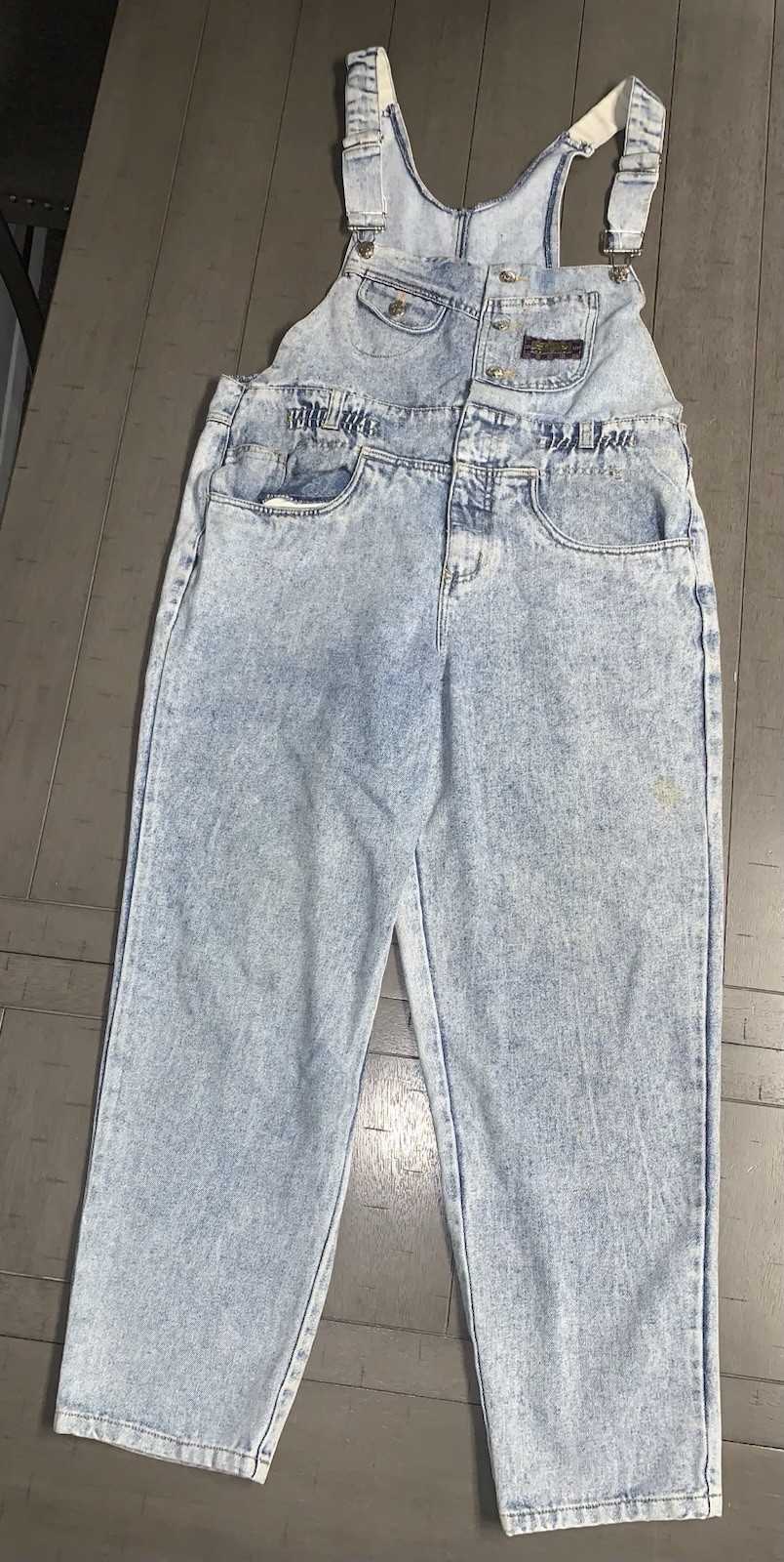 A2 90s WOMENS MEDIUM ACID WASH BUGLE BOY COMPANY BIB OVERALLS FLY GIRL 34 X27”