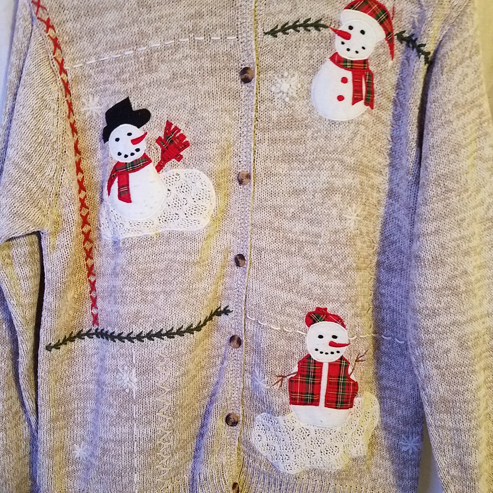 Ashley Hill Vintage 90s Christmas Sweater LG Snowman Chunky Knit Cotton Cardigan