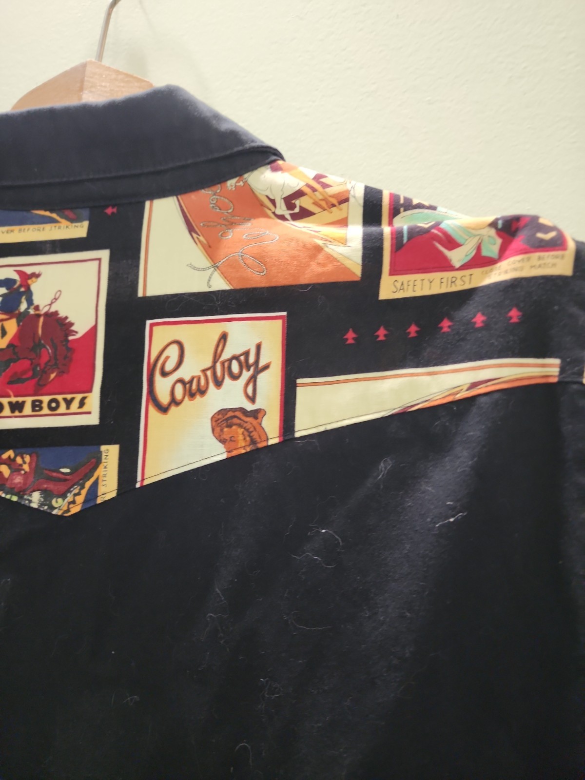 Vintage Banjo Dallas Texas Western Shirt Womens XL Black Cowboy Print Cotton USA