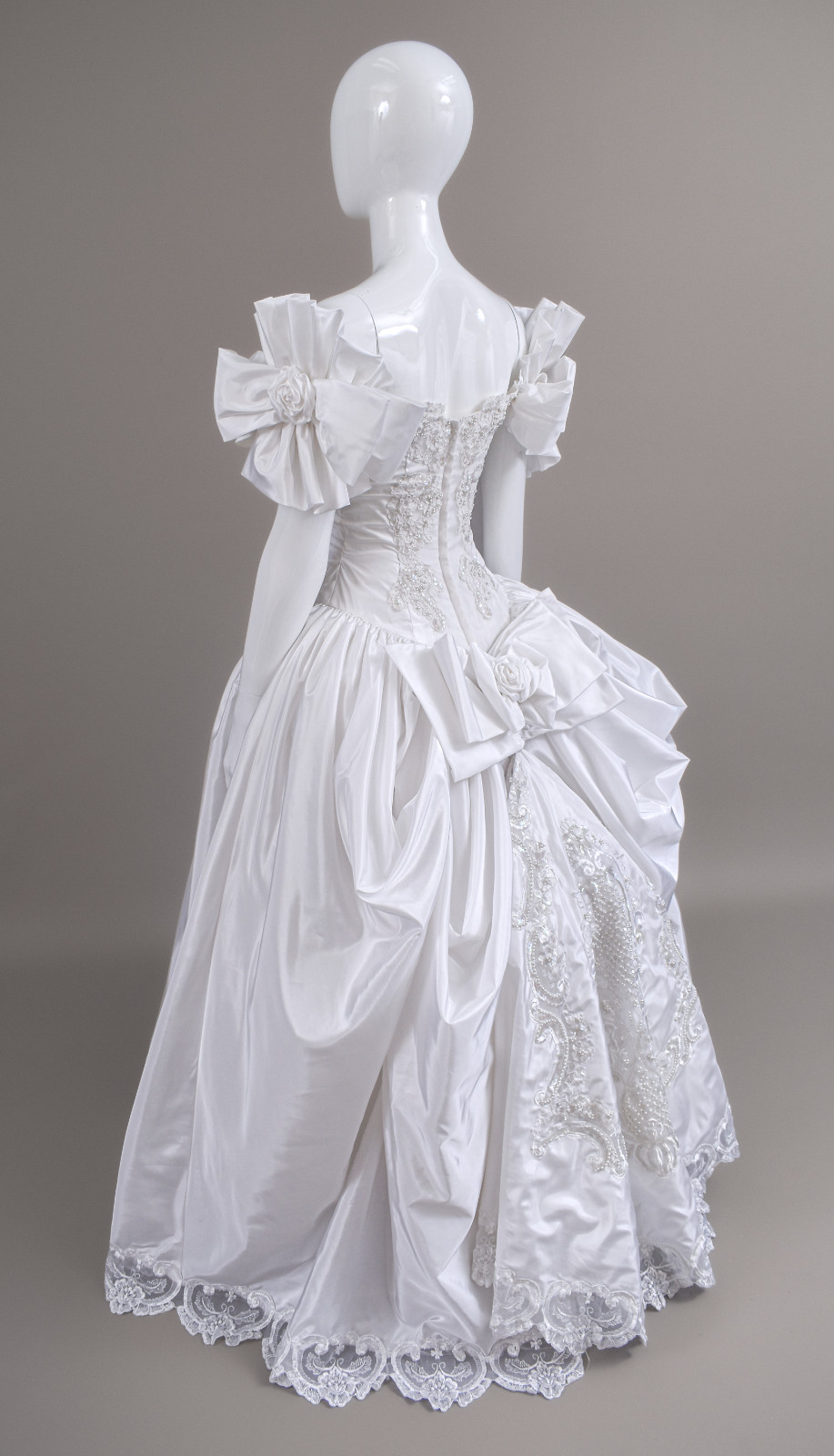 1990s Off-The-Shoulder Beaded Taffeta Satin Wedding Dress, W/Cathedral Train 2/4