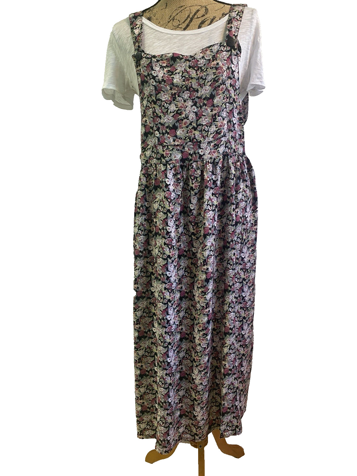 90’s Women’s Vintage Cottagecore Black Floral Pinafore Apron Maxi Dress M