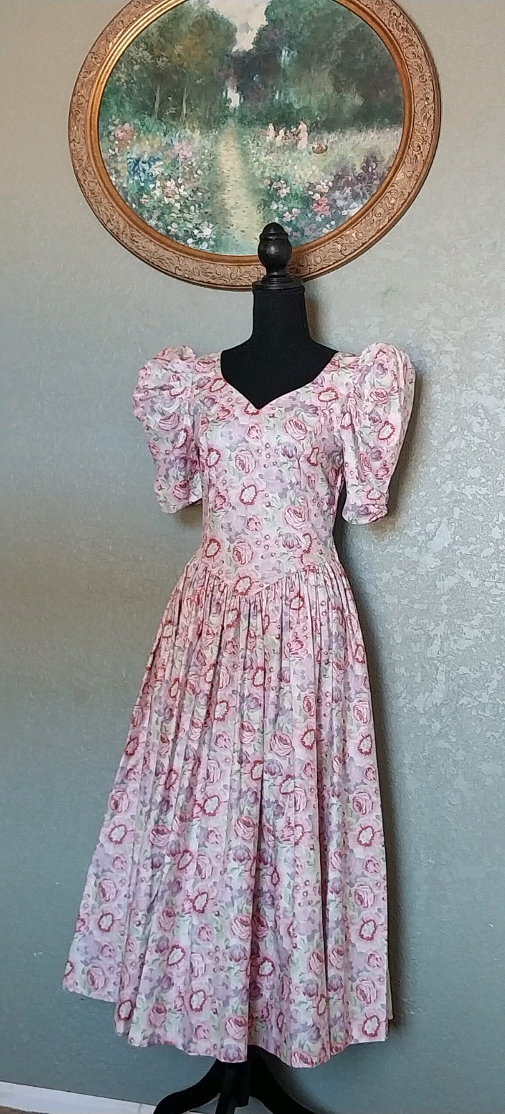 Vtg 1980s Laura Ashley Cottage-core Romantic Puff Sleeve Large Bow Tea Dress