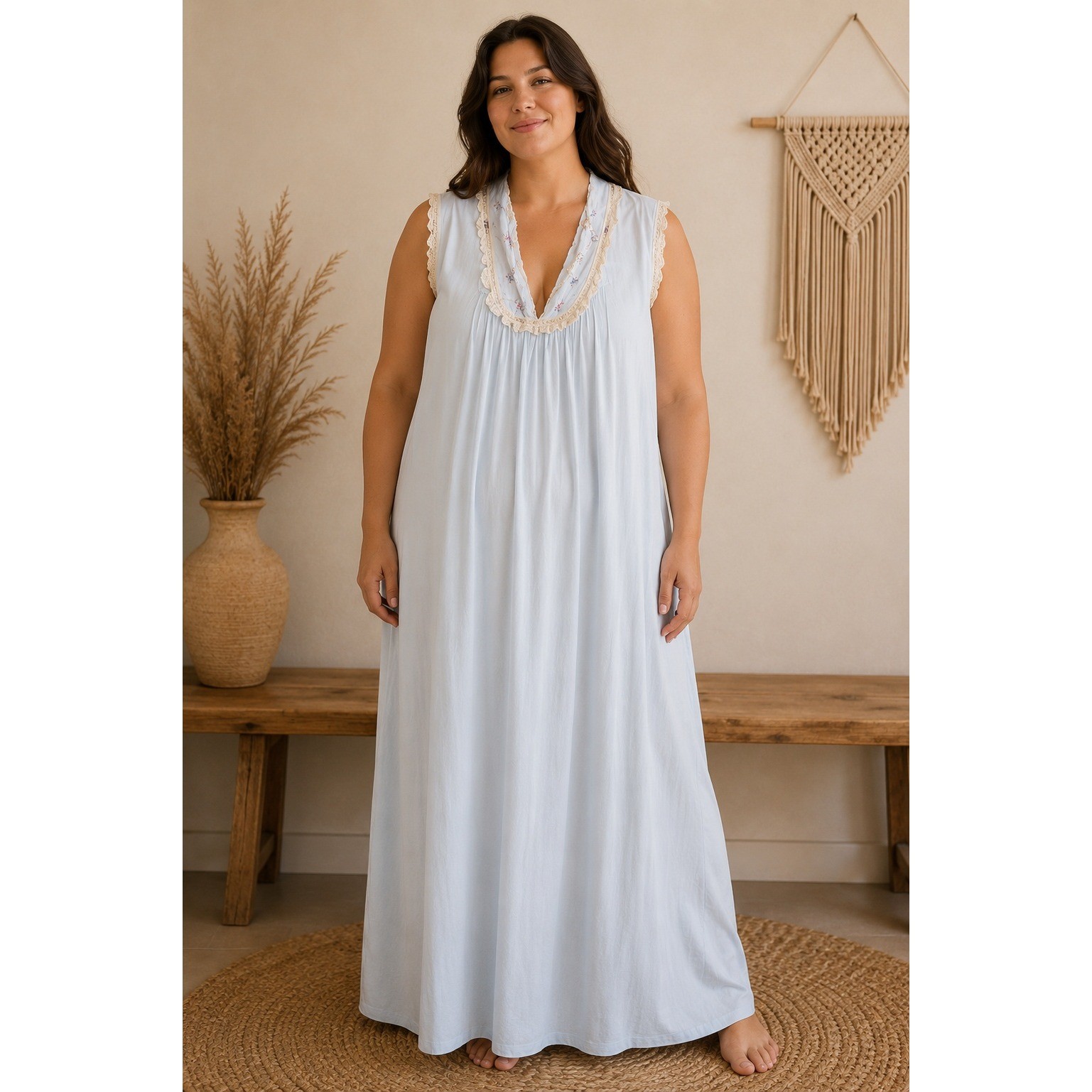 Barbizon Nightgown Maxi Cottagecore Coquette Romantic Blue Lace Cotton XL