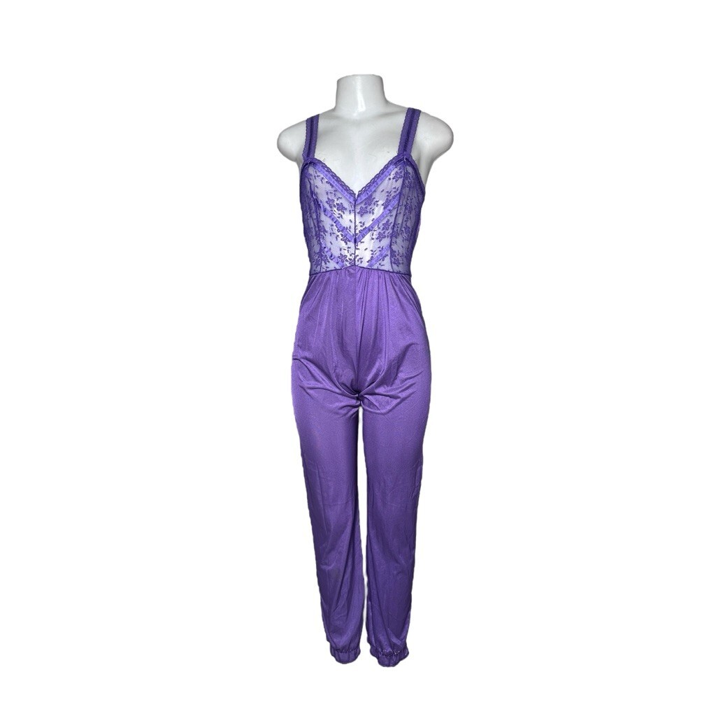 VTG 60s/70s Lavender Sheer Lace Lingerie Jumpsuit Retro Boudoir Glam XS/S