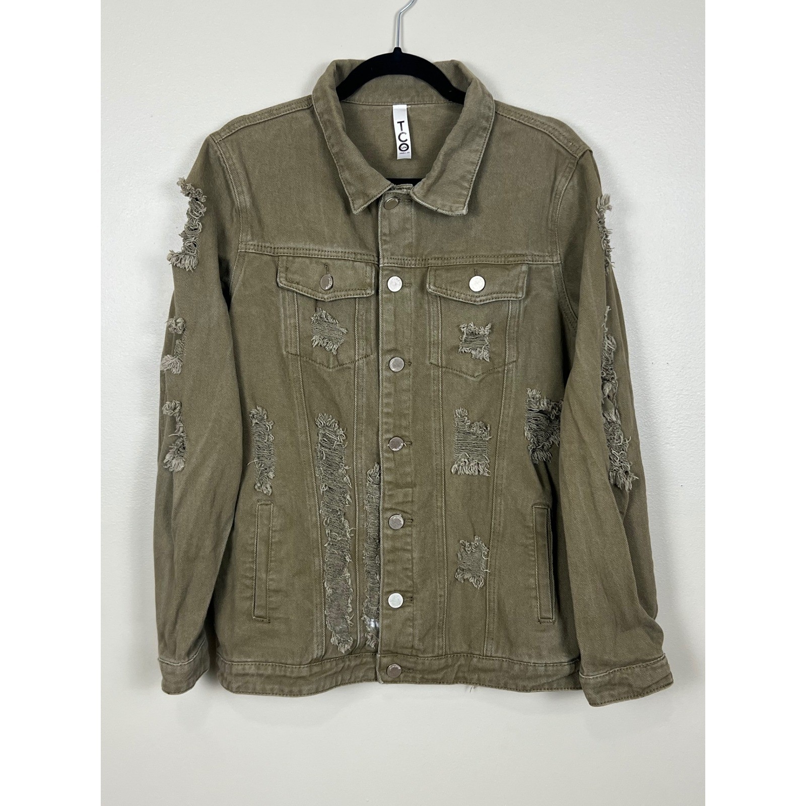 Vintage Miss Sixty Distressed Denim Trucker Jacket Olive Green TCO Rebrand L