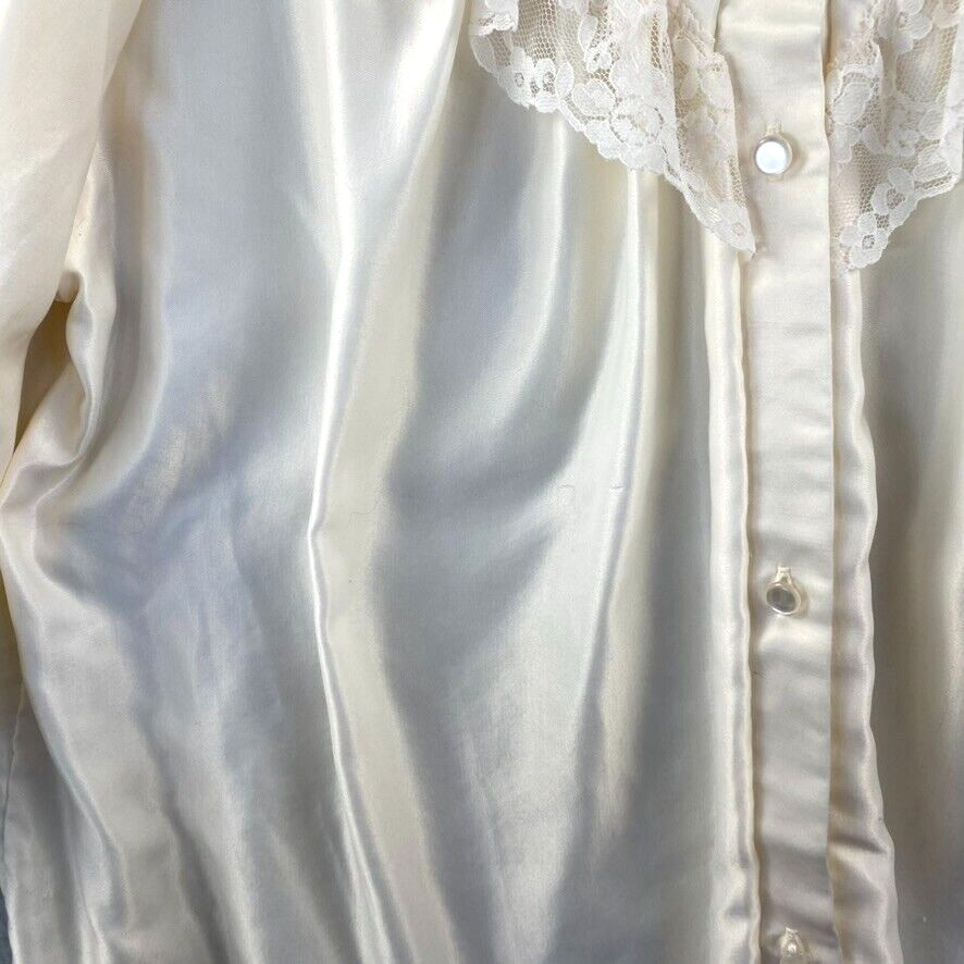 Barbizon Womens Medium Cuddleskin Vintage Pajama Top Ivory Satin Embroidered