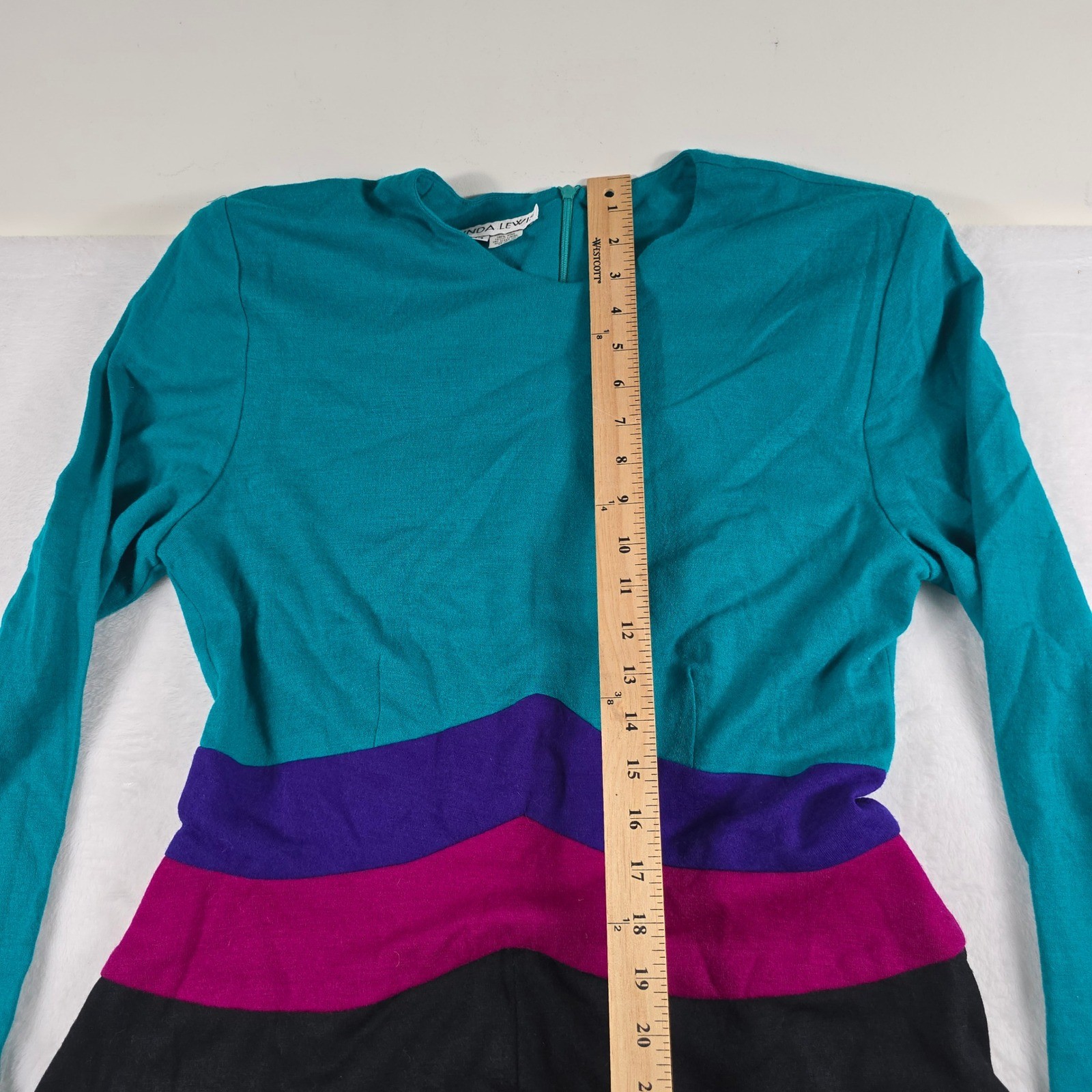 Linda Lewis Vintage 100% Wool Colorblock Maxi Dress Teal Purple Size 14 NWT