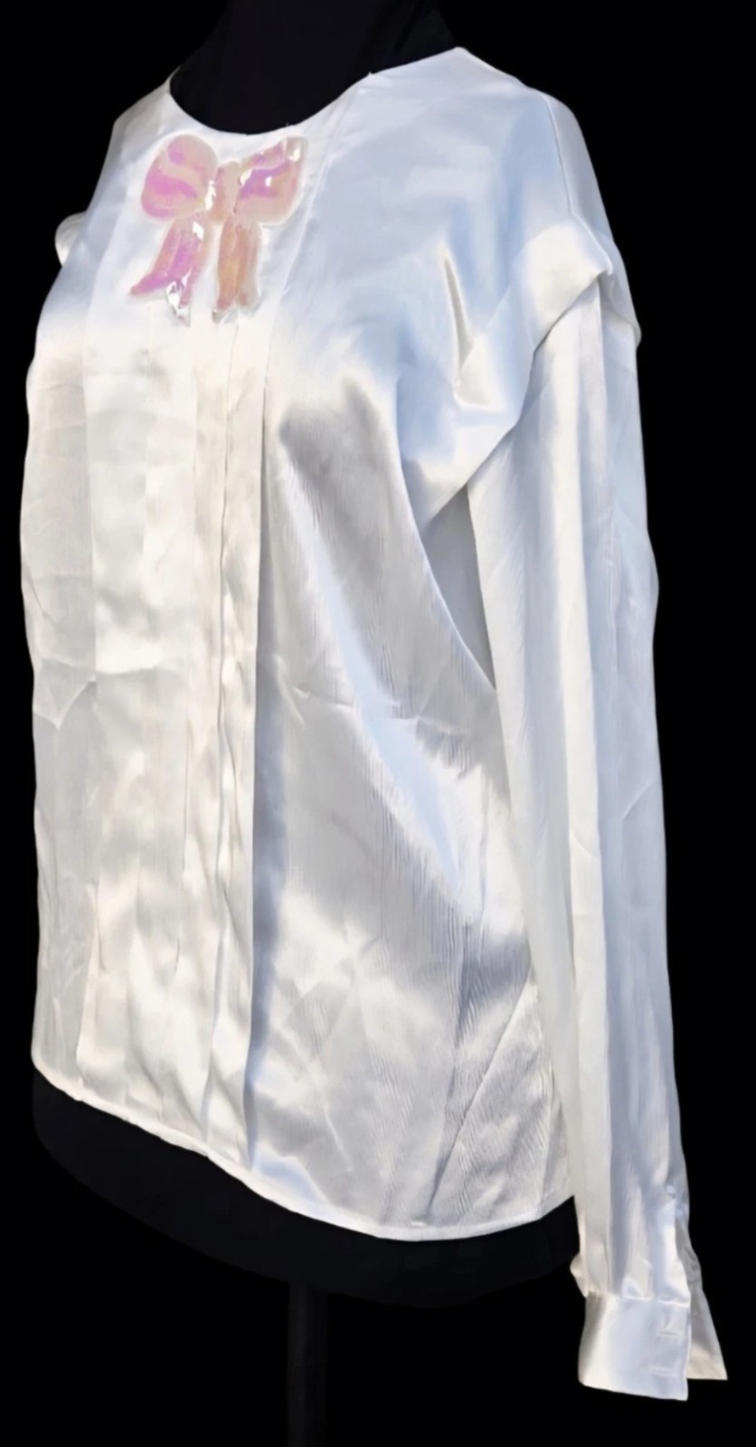 1980s NOTATIONS SILKY POLYESTER LONG SLEEVE BLOUSE w/Pink Sequined Bow Size 16