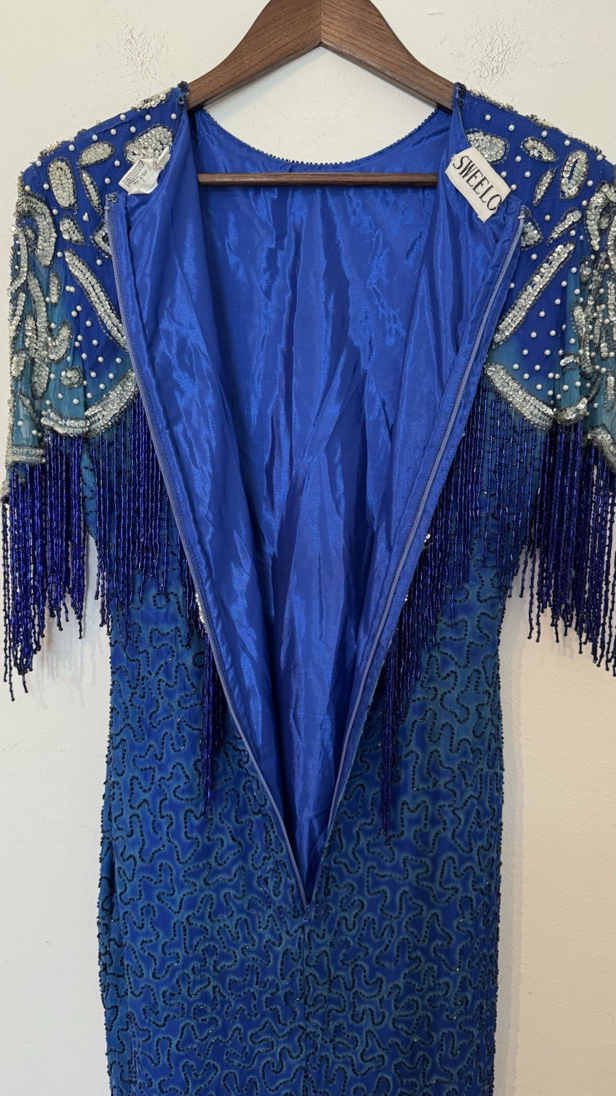 Sweelo Sequin Beaded Silk Formal Evening Dress 8-10 Fringe 80s Vintage Gatsby