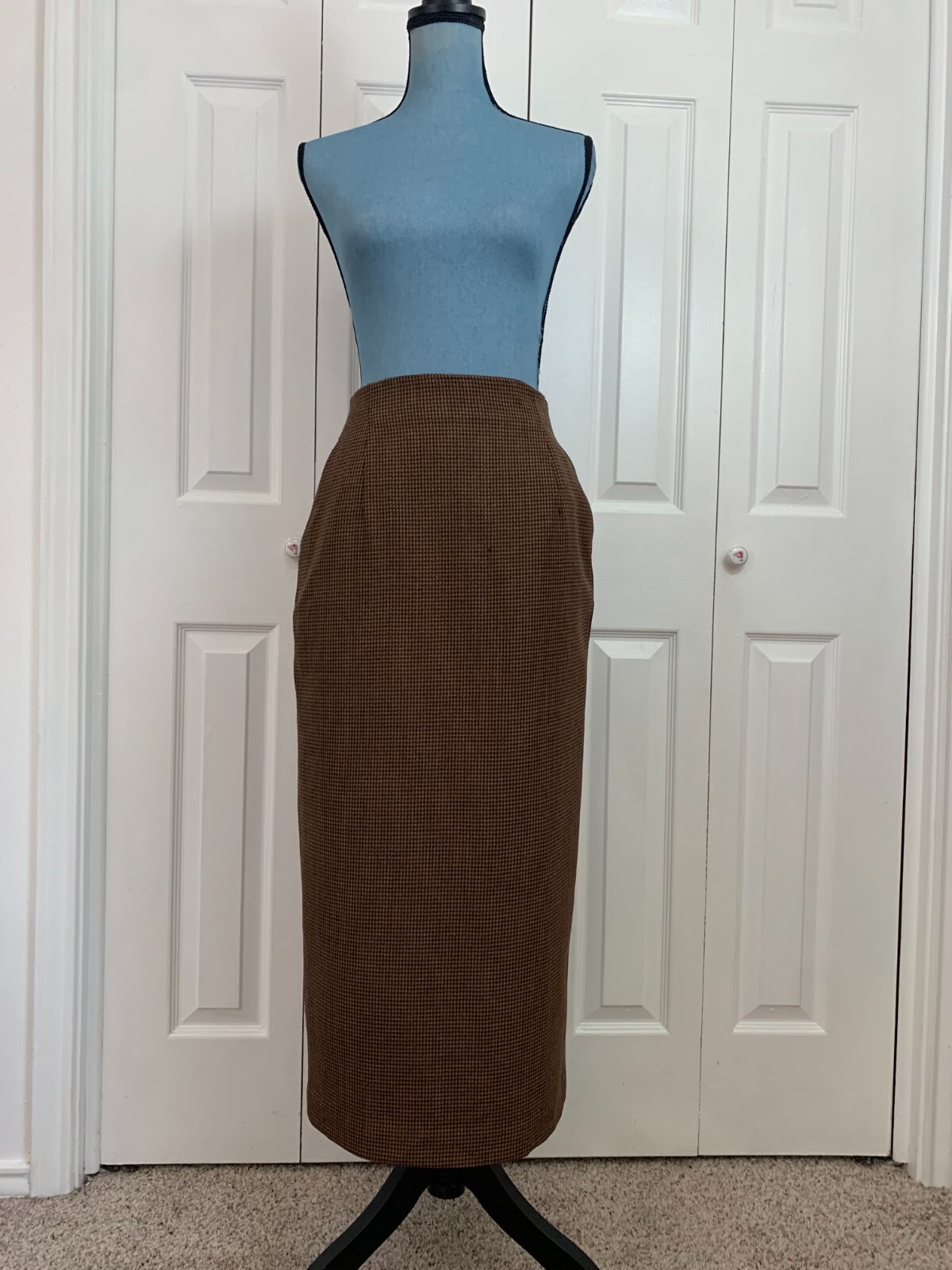 Vintage 90’s Rafael Lined Brown Tan Houndstooth Straight Wool Skirt Pockets 6
