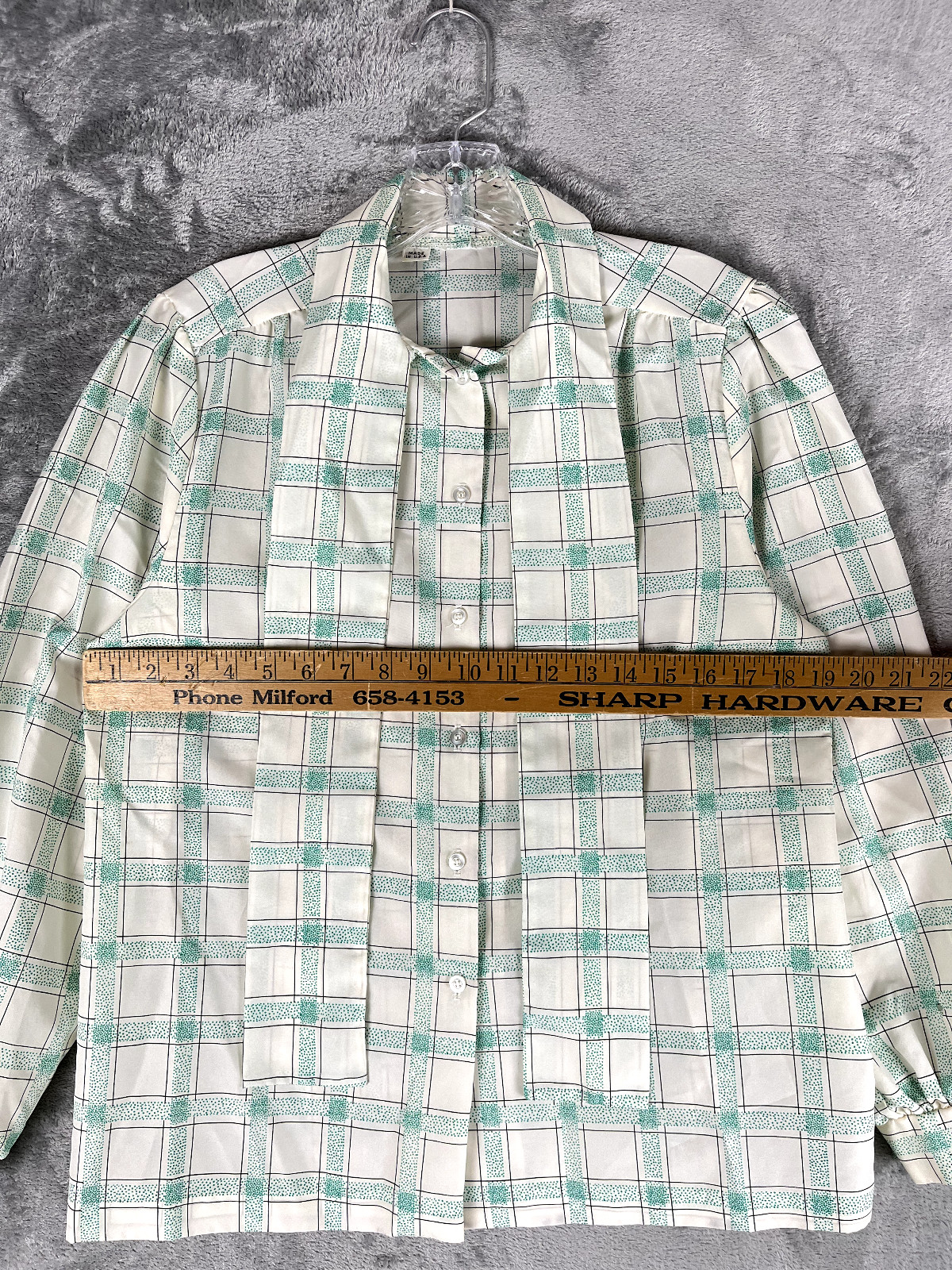 Vintage Pussy Bow Blouse Secretary Geek Medium Made in USA Windowpane Plaid