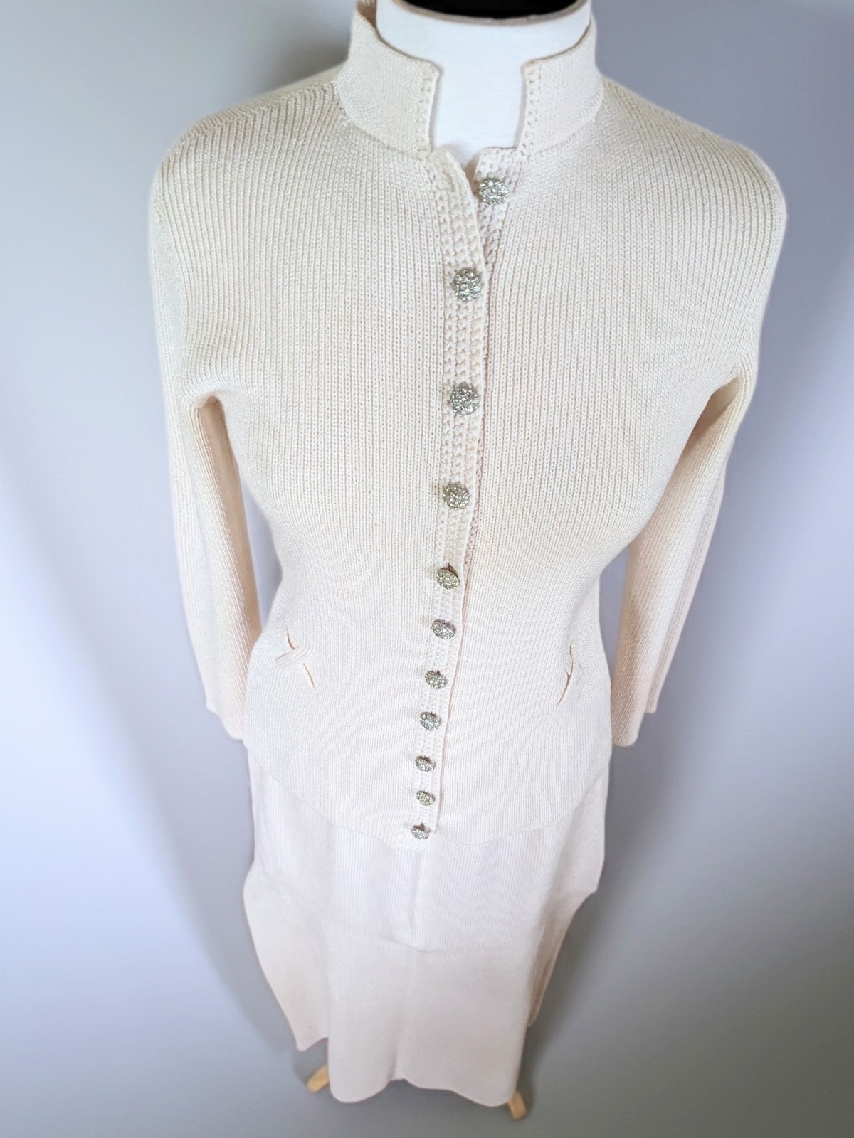Vintage 80s St John Knits Lillie Rubin Cream Rhinestone Maxi Dress Set