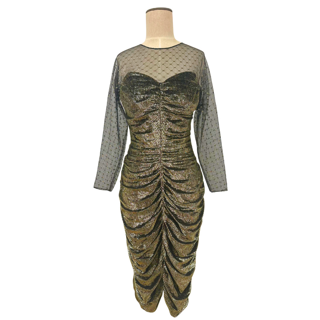Vintage 1980s Frederick’s of Hollywood Gold Ruched Sheer Shimmer Disco Dress