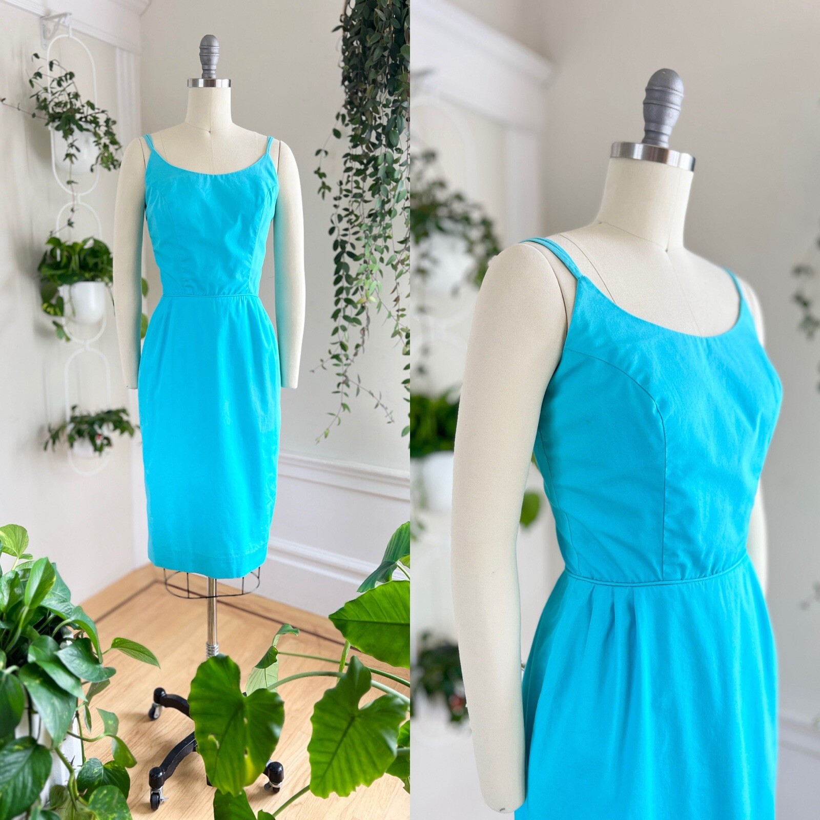 Vintage 1950s 1960s Blue Cotton Spaghetti Strap Wiggle Sundress Pin Up Day Dress