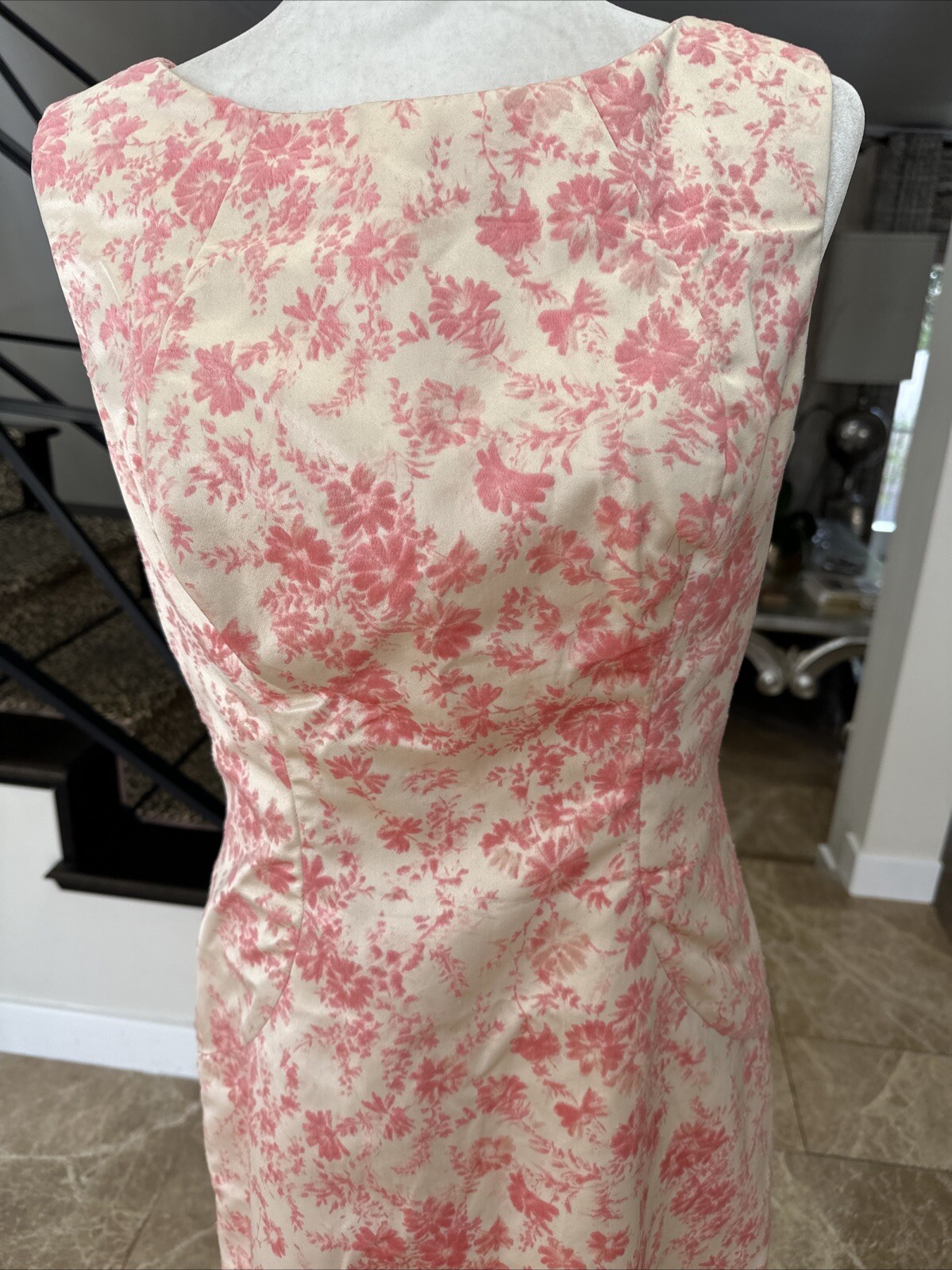 Vintage 60s Cream Satin & Pink Velvet Flocking Evening Gown With Jacket Size 6