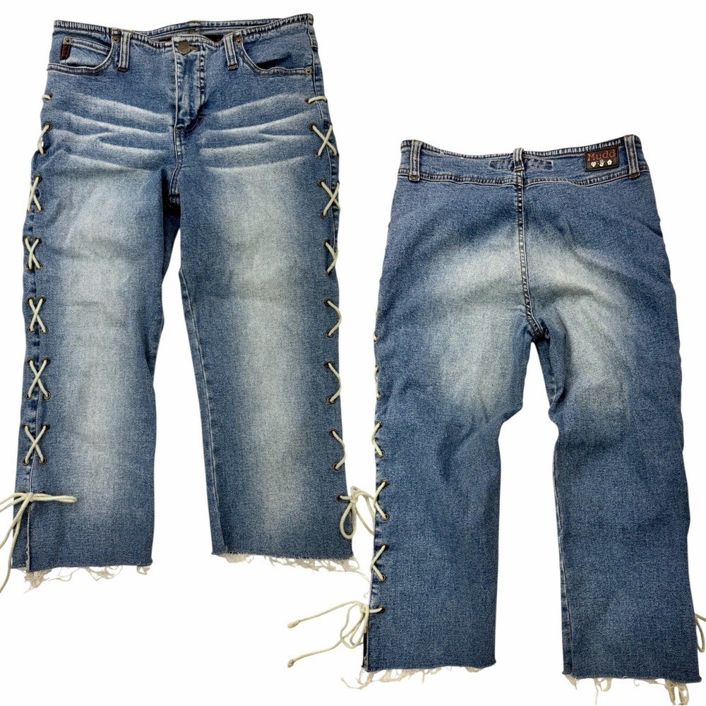Vintage Y2K Mudd Lace Up Side Denim Capri Jeans Low Rise Raw Hem Mall McBling 2