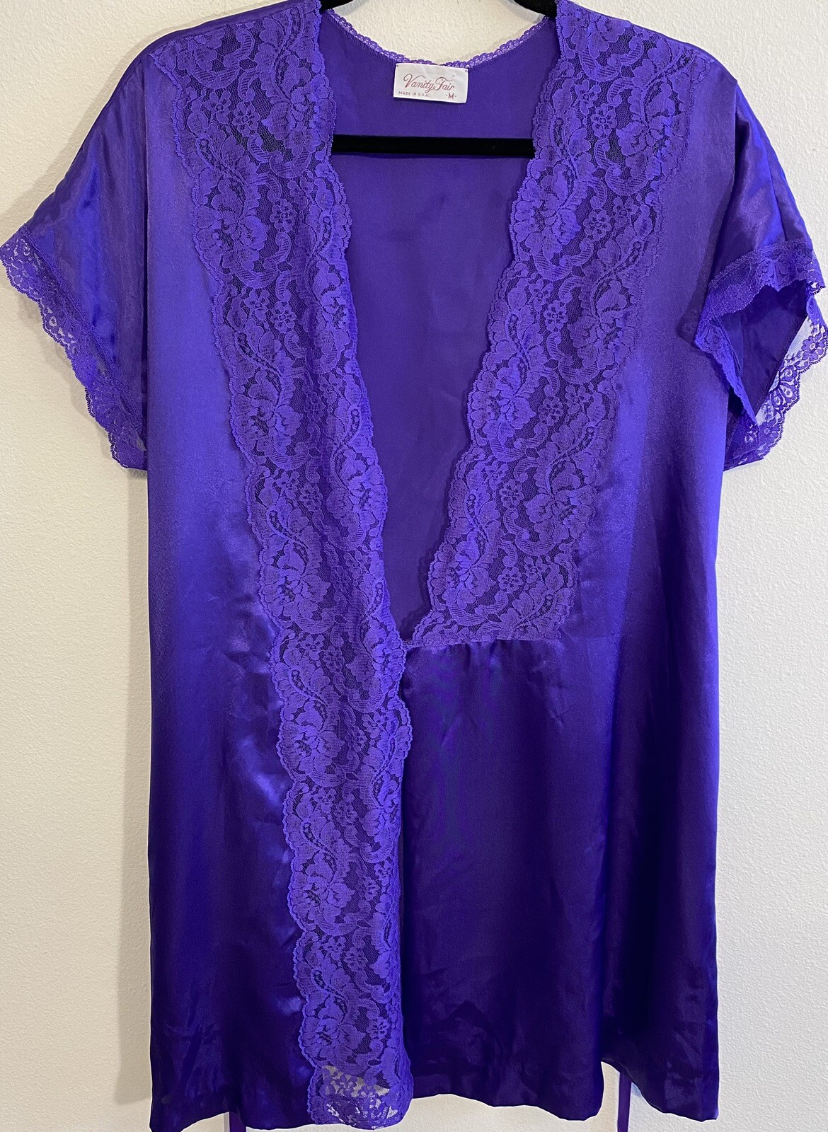 Vintage Vanity Fair Robe Lace Short Length Open Front Purple Belt