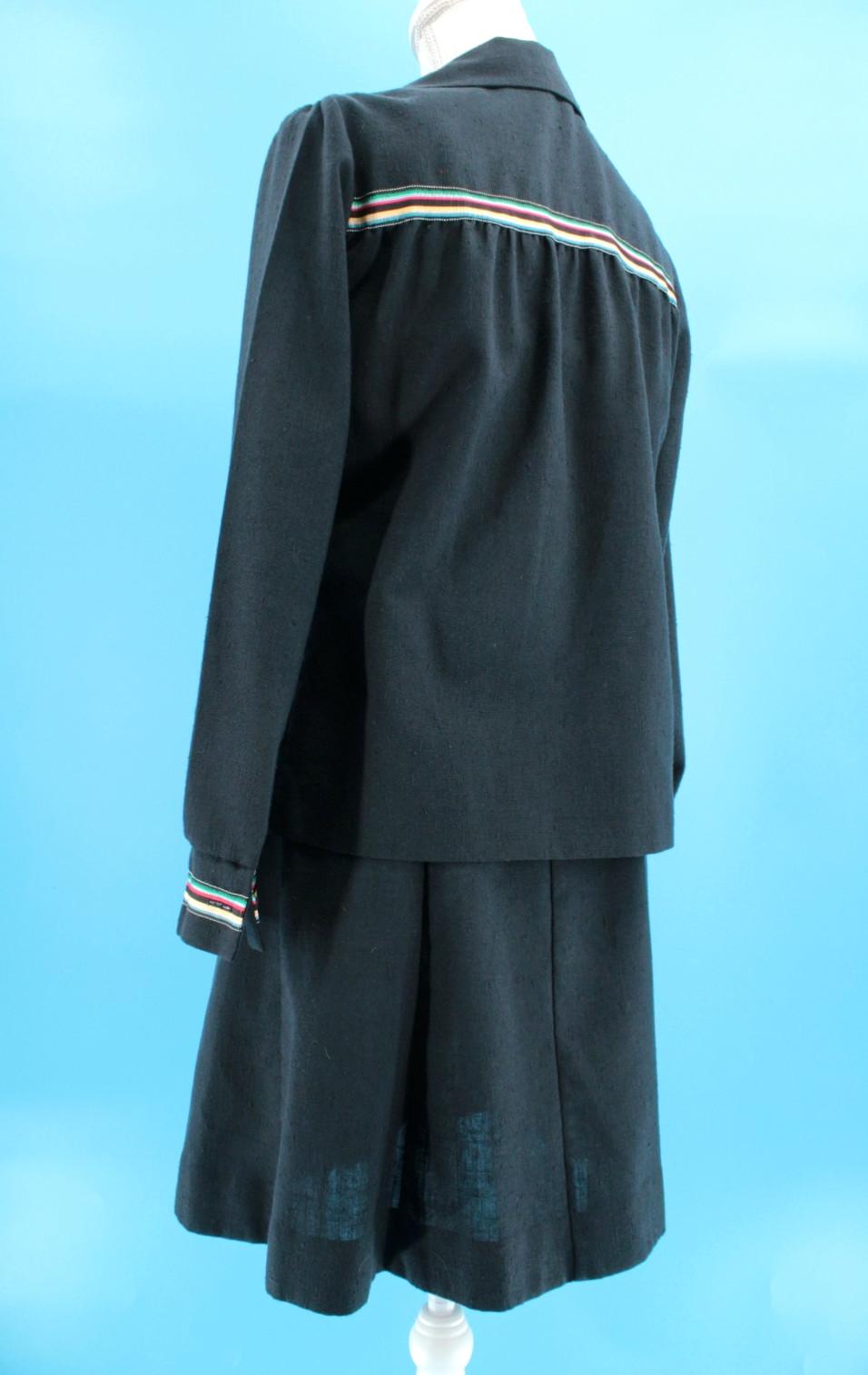 Vtg Women’s 70s 2 Pc Black W/ Rainbow Trim Dress & Top / Shirt Set XS/S 1970s