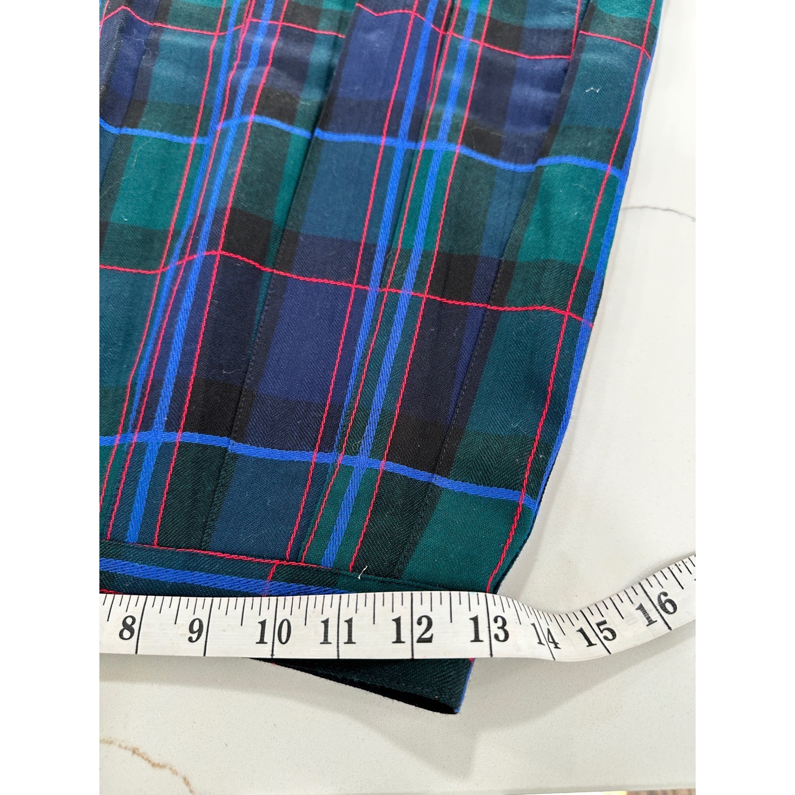 David Brooks Vintage 100% Wool Plaid Pleated Midi Skirt Green Blue Tartan 8P USA