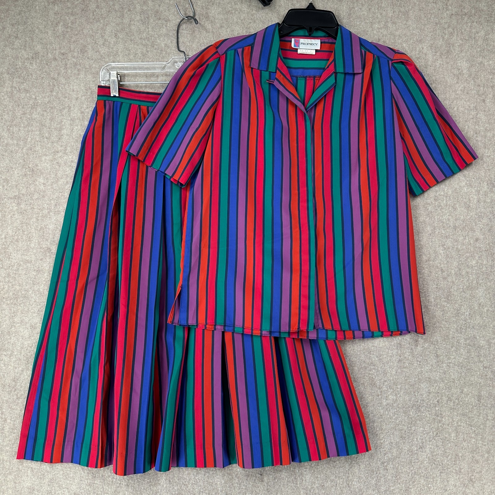 VTG 70s 80s Prophecy Satin Skirt / Blouse Set Funky Loud Striped Modest Retro 12