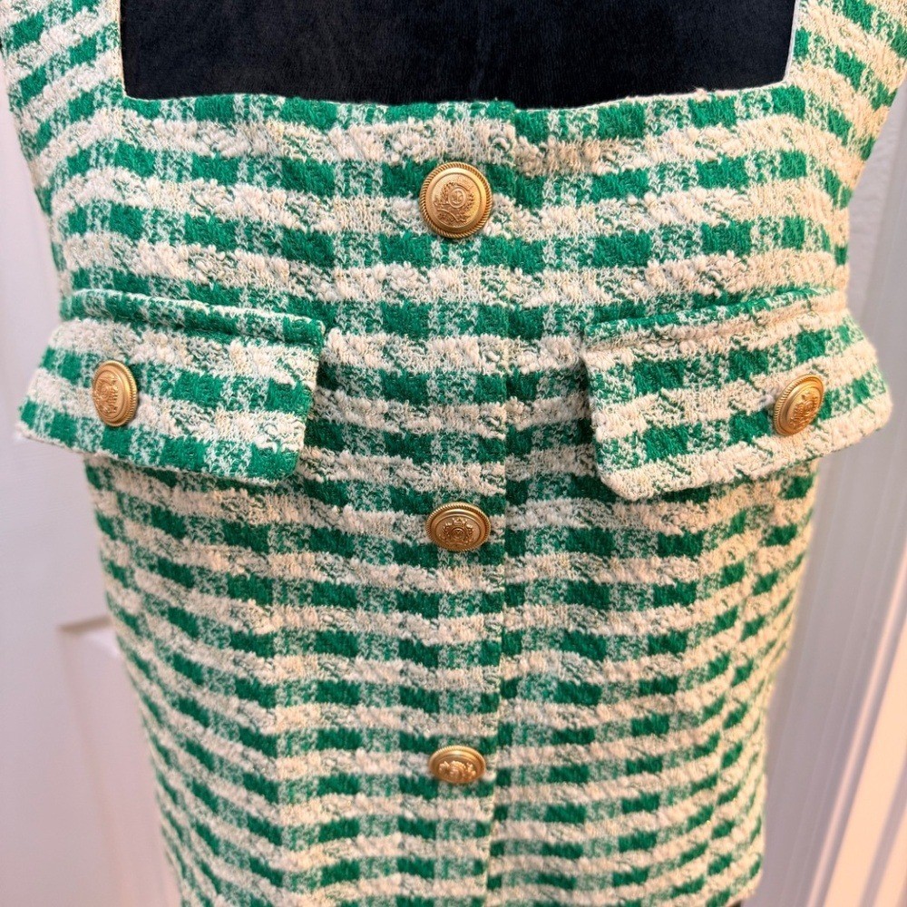 Aqua Vintage 60’s Style Tweed Top – Green & White with Gold Buttons