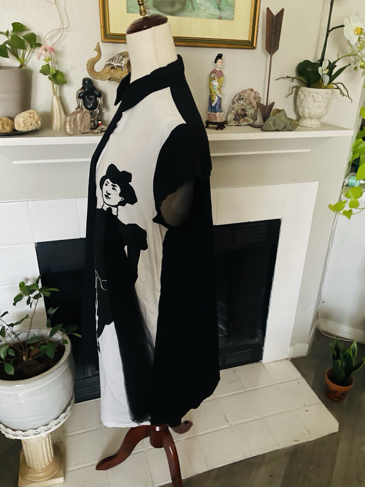 Art Shirt Dress Black White Midi French Cafe Girl Bicycle Lady Tulle S Vintage