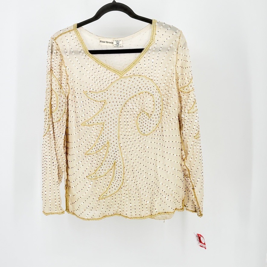 Vintage New Silk Beaded Sequin Blouse Cream Art Deco Top M NOS India Fairy Boho