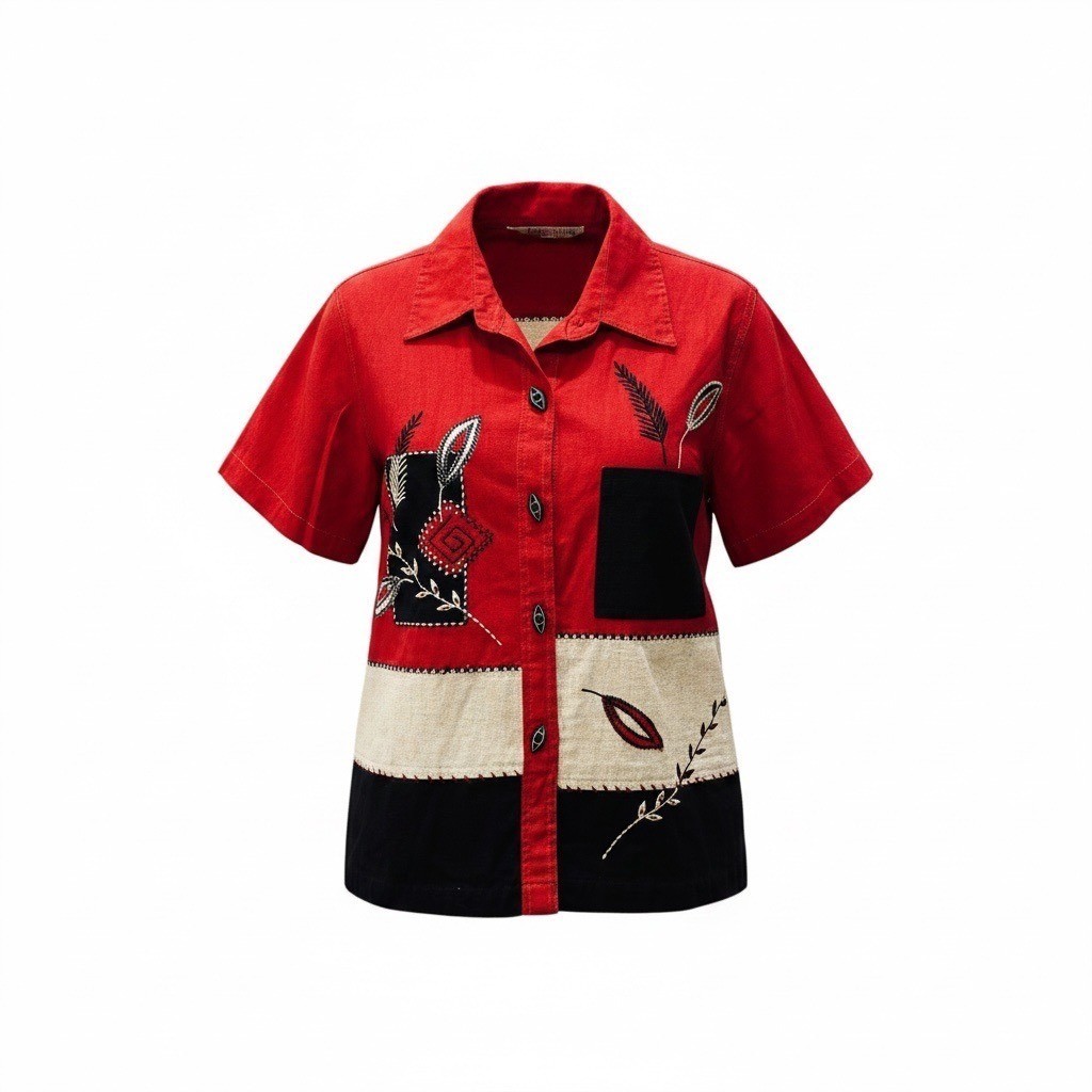 Vintage 90s Linen Blend Top S Color Block Black Red Applique Grannycore Artsy