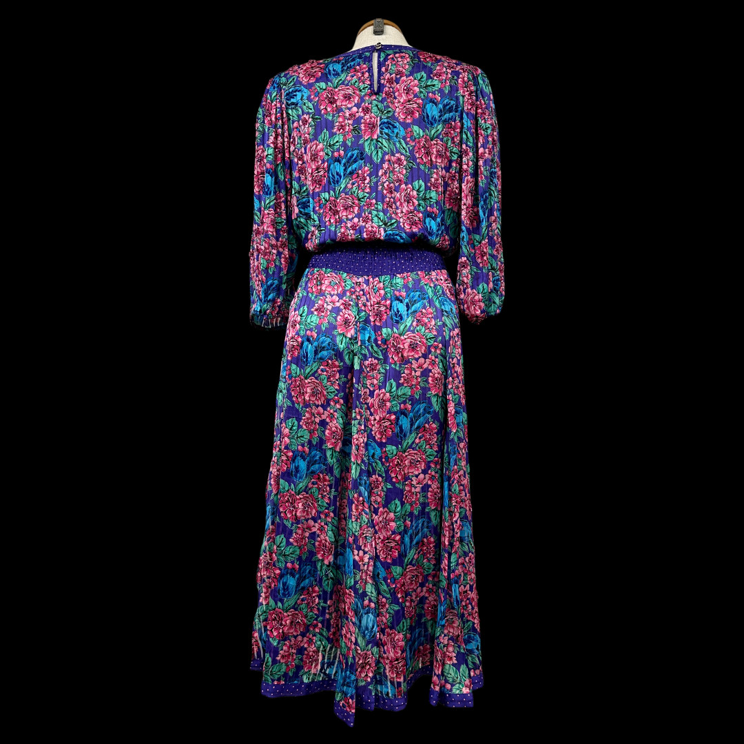 Vintage 1980s Diane Freis Beaded Purple Floral Midi Dress with Balloon Sleeves