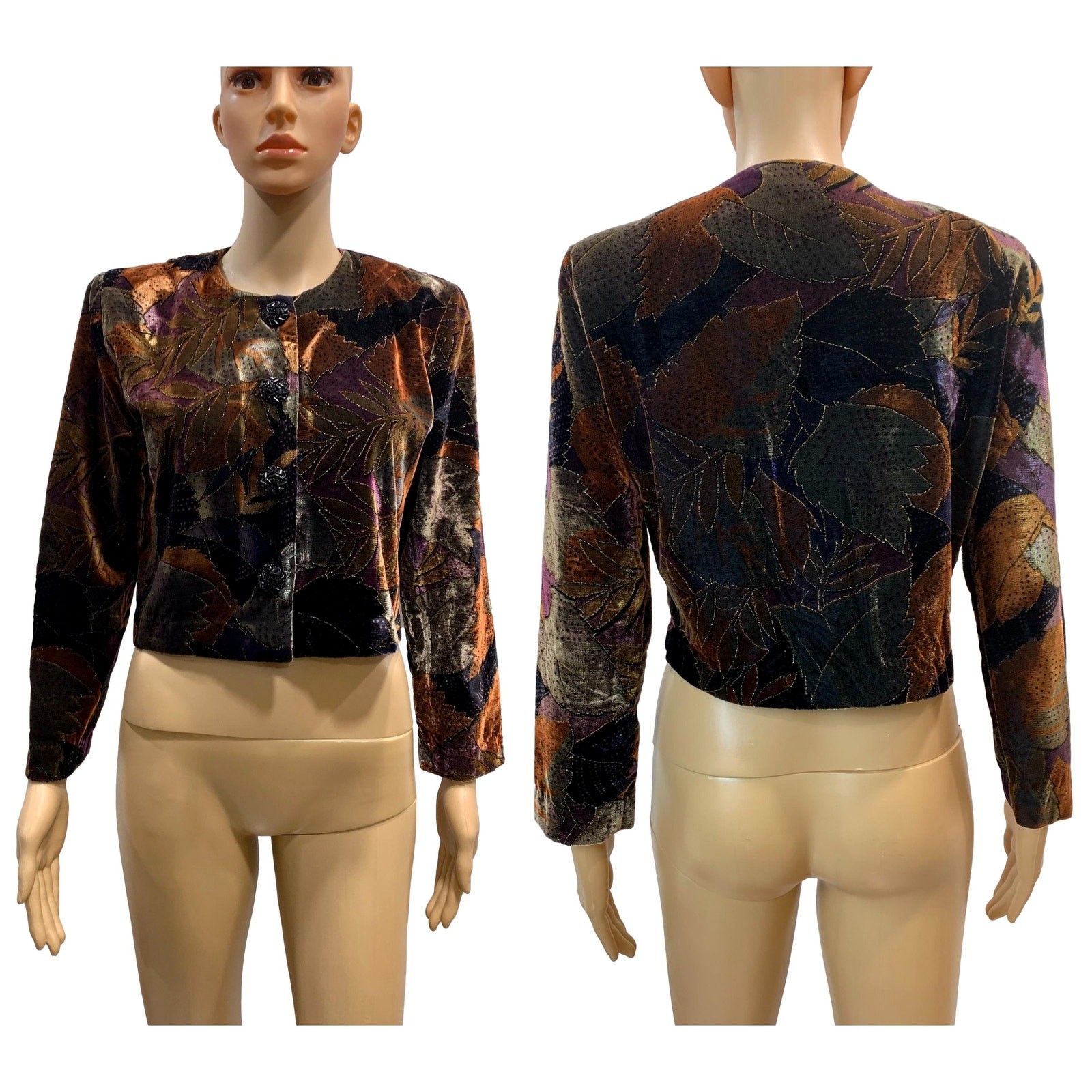Vintage 80s Painted Velvet Cropped Jacket Brown Purple Rust Petite 2