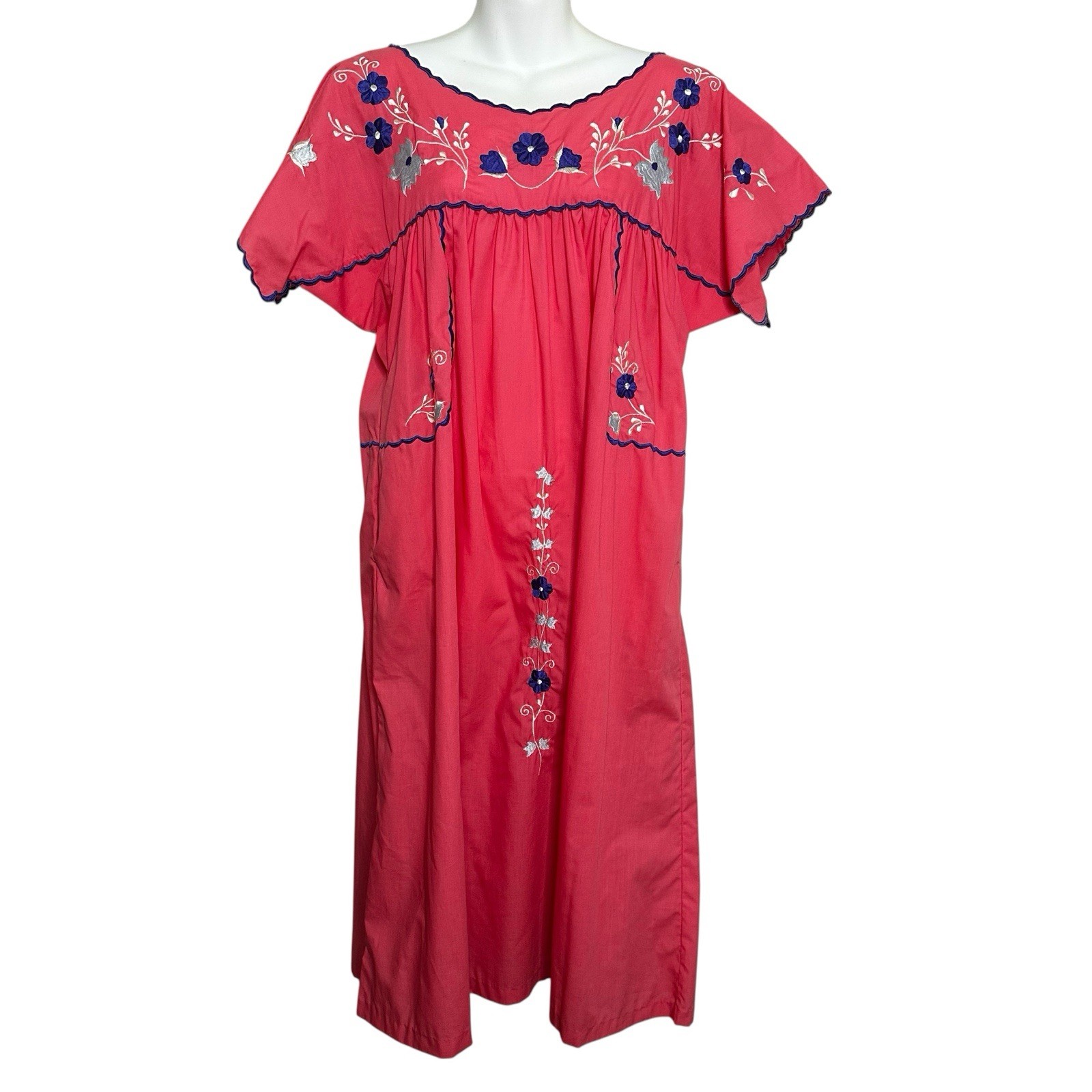 VTG Caro of Honolulu Coral Pink Embroidered Nightgown Evening Wear Dress Boho