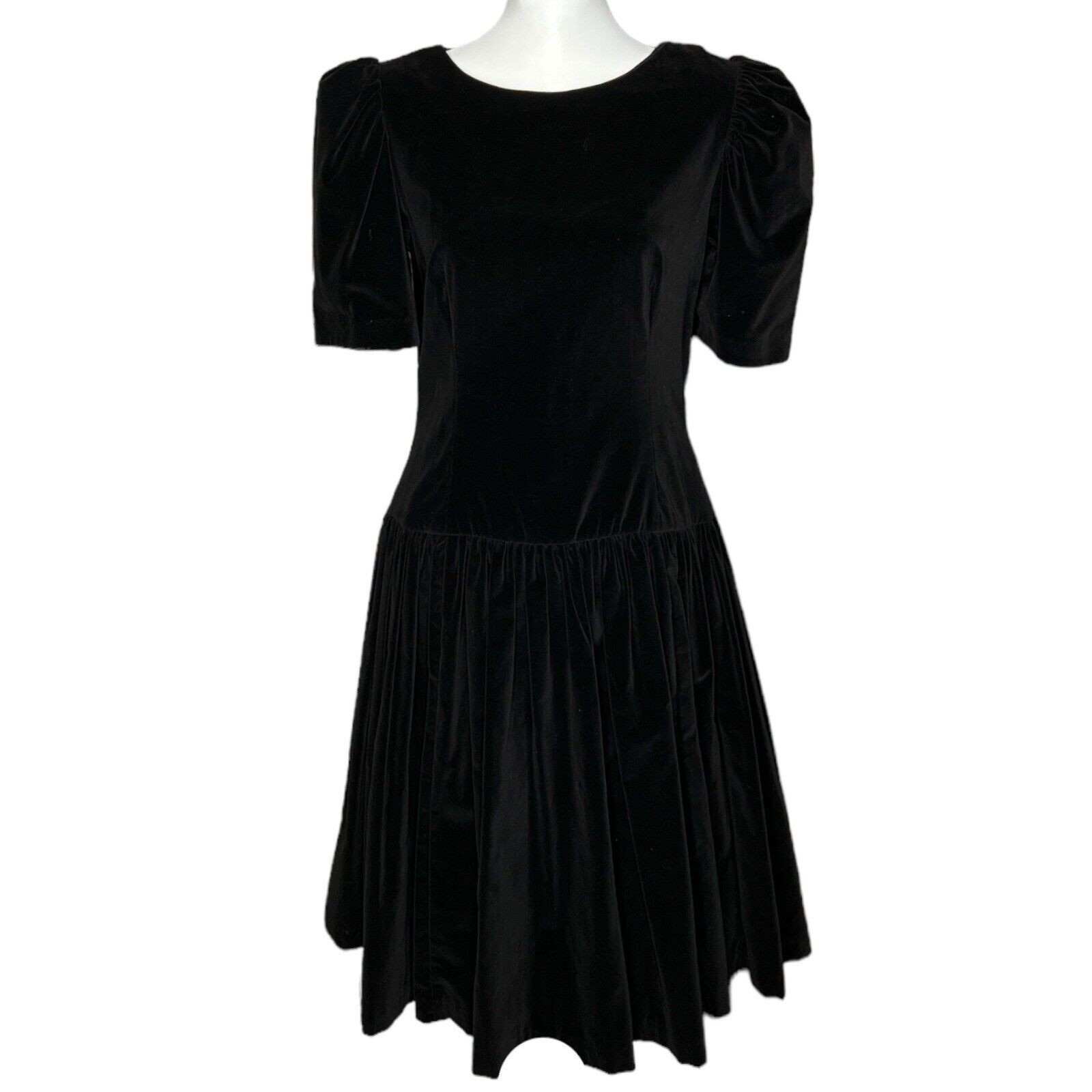 80s Misty Lane Black Velvet Drop Waist Multicolor Bow Back Vintage Dress 11/12 S