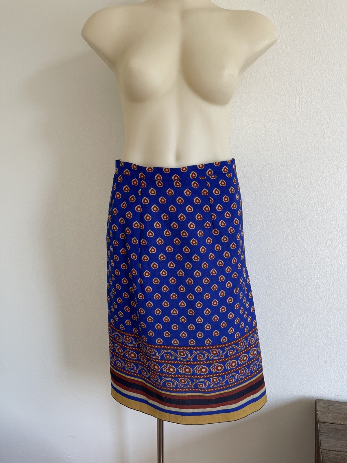 GUY LAROCHE 1980s Vintage Wool Skirt Cobalt Blue Block Print Handmade Size FR42