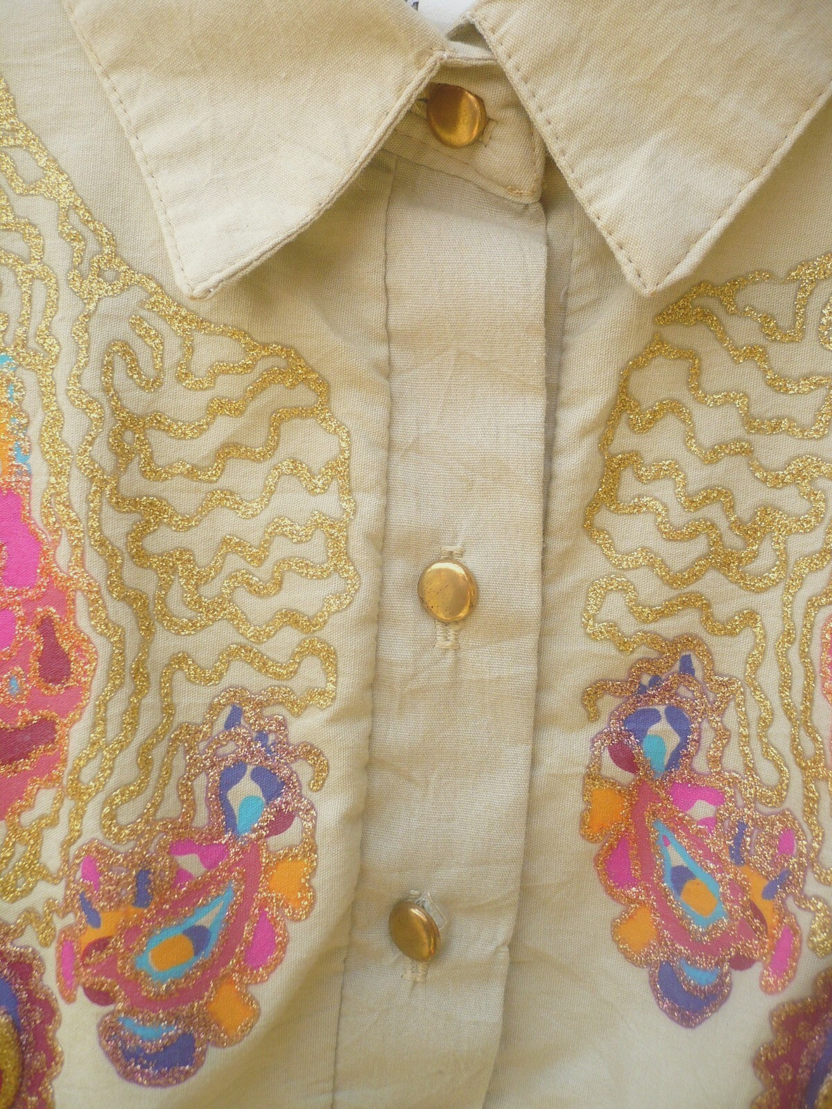 VTG 80S 90S DISCO PAINTED PAISLEY BIG RHINESTONE GOLD SPARKLE KHAKI SHIRT BLOUSE