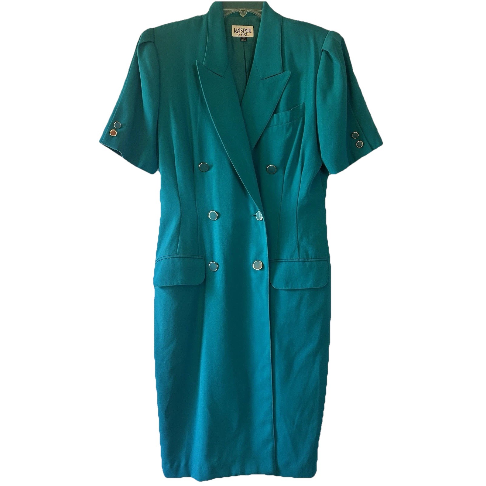 Teal Double Breasted Coat Dress Kasper for ASL Vintage 1980s Size 10 Secretary
